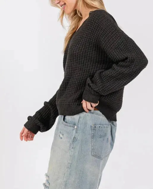 Graphite Dream Waffle Knit V-Neck Sweater in Charcoal