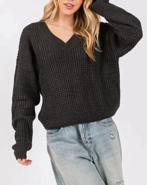 Graphite Dream Waffle Knit V-Neck Sweater in Charcoal