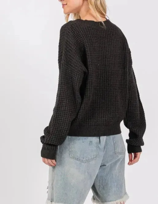 Graphite Dream Waffle Knit V-Neck Sweater in Charcoal