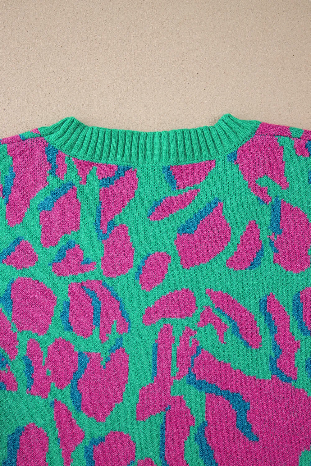 Green Abstract Print Ribbed Trim Baggy Sweater