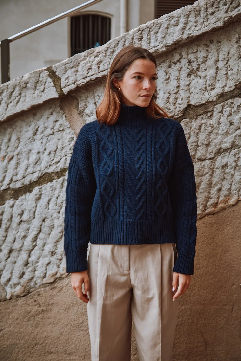 GWENAELLE Irish Cable Sweater in Merino Wool - Navy