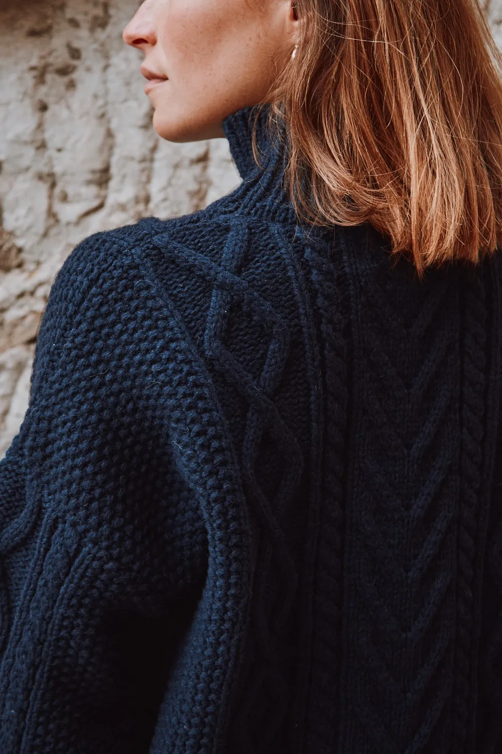 GWENAELLE Irish Cable Sweater in Merino Wool - Navy