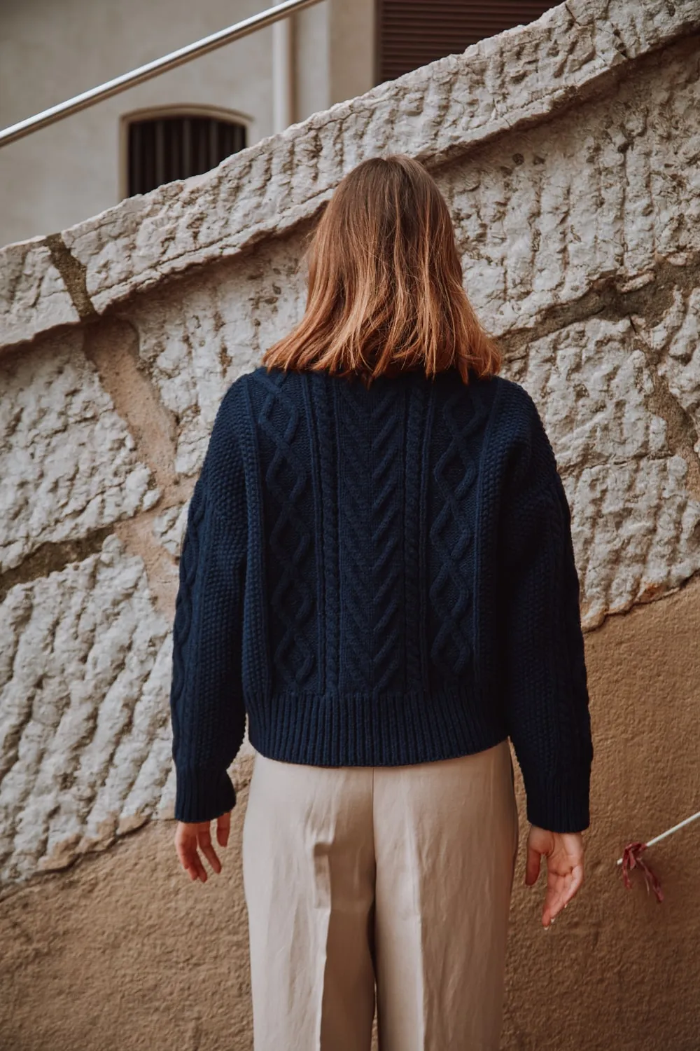 GWENAELLE Irish Cable Sweater in Merino Wool - Navy