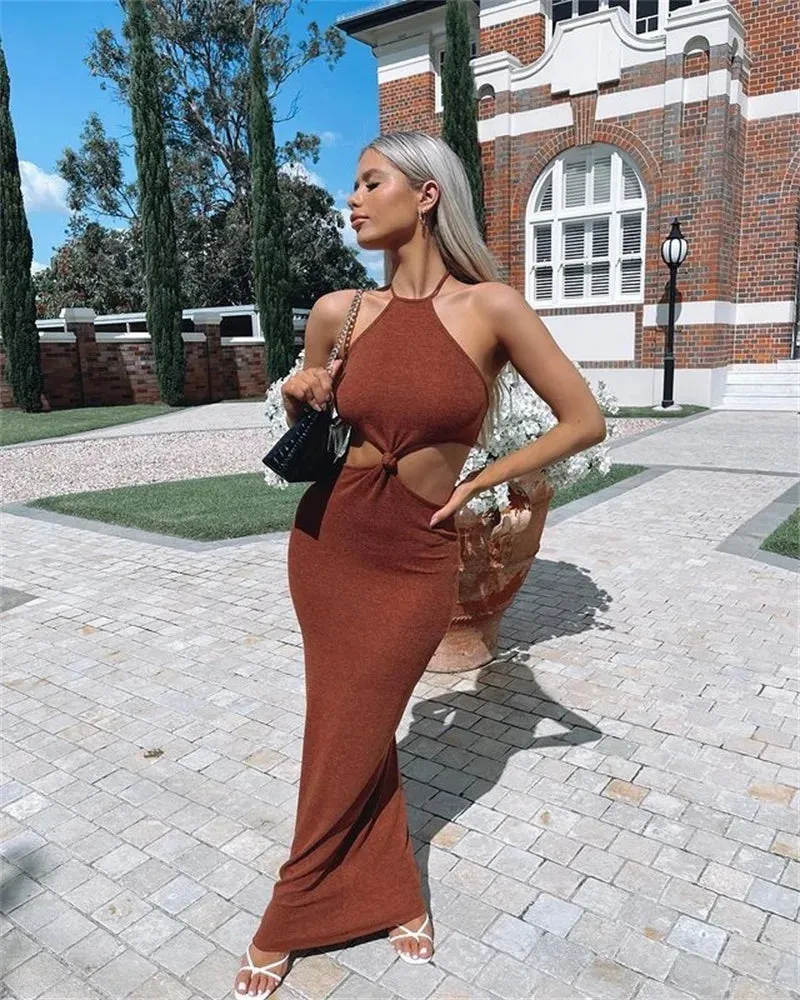 Halter Knitted Backless Summer Temperament Elegant Slim Bodycon Long Midi Dress