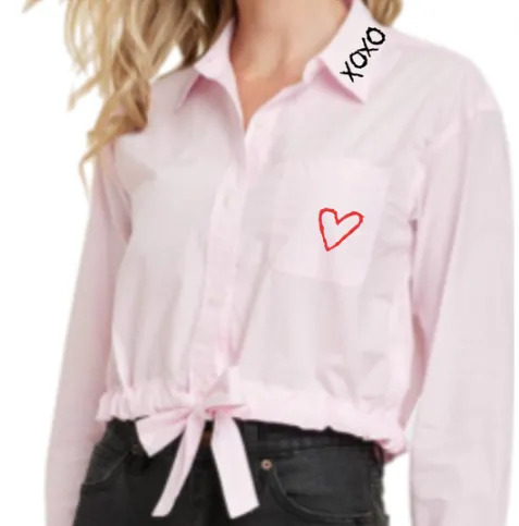 Heart Tie Embroidery Front Button-Down