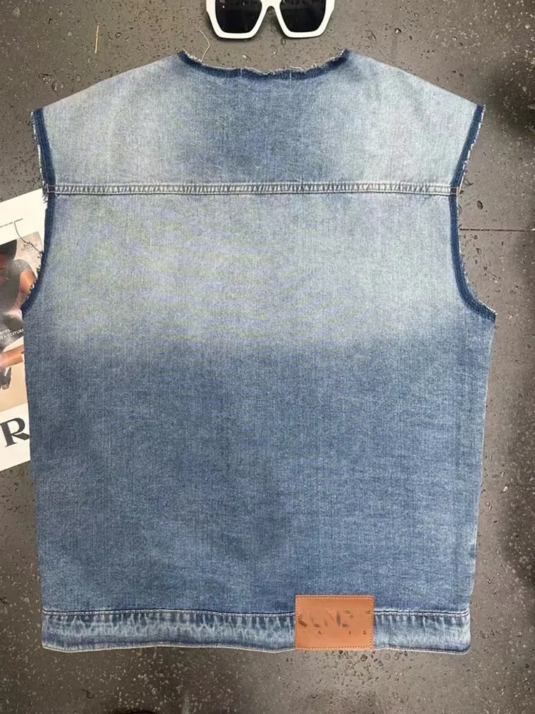 Hit Color Denim Waistcoats For Women Round Neck Sleeveless Patchwork Pocket Loose Coat Female Fashion Clothing