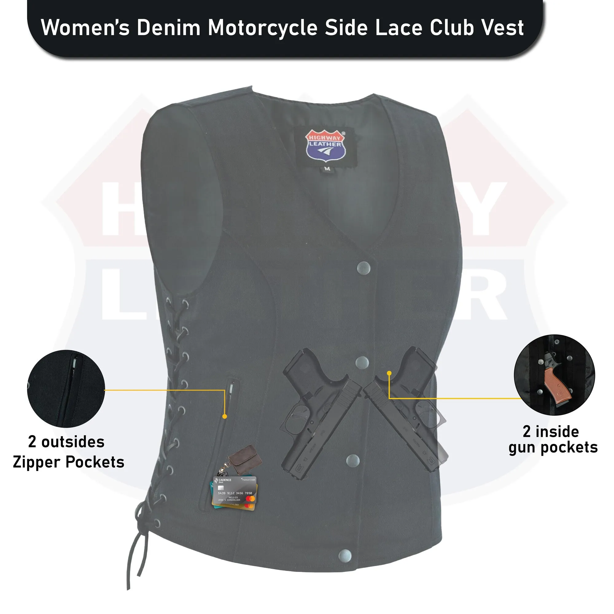 HL21851 Women’s Denim Motorcycle Side Lace Club Vest with 2 Inside Ammo Pocket