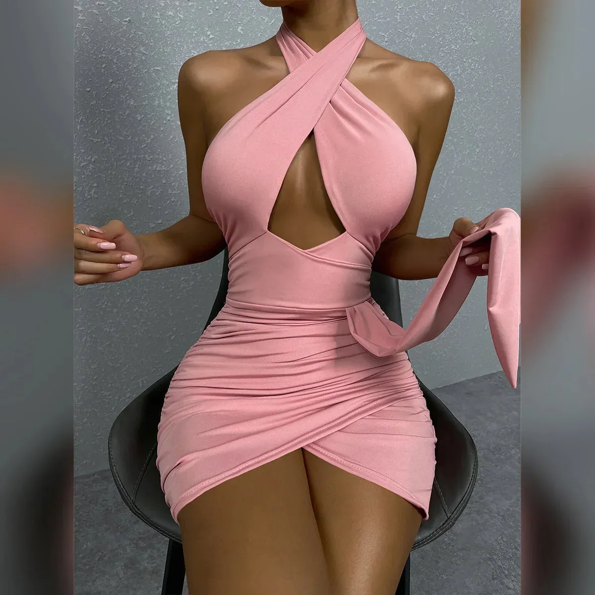 Hollow Draped Ruched Club Halter Out 2024 Women Backless Sexy Party Mini Bodycon Dress Dress