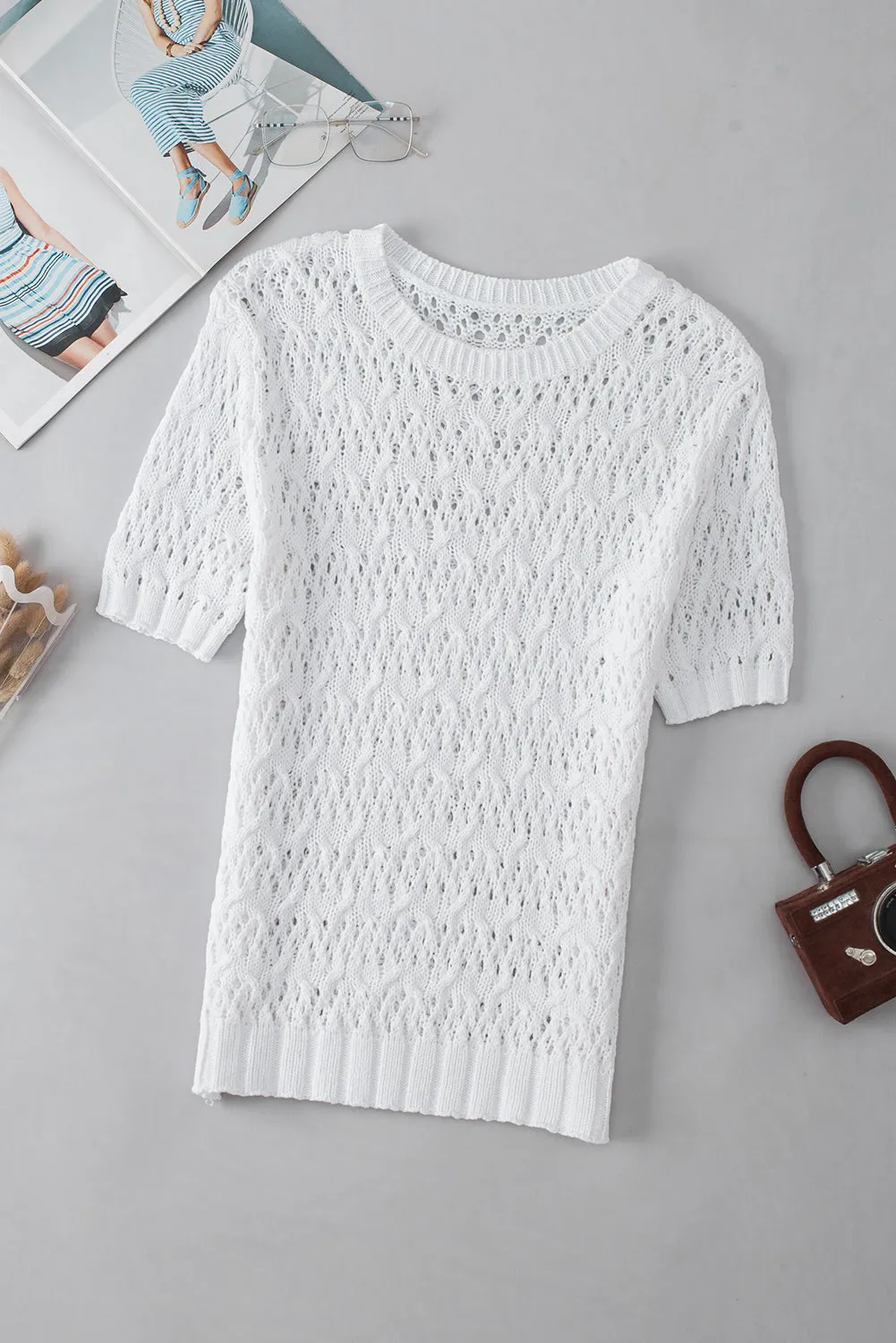 Hollow-out Textured Half Sleeve Sweater