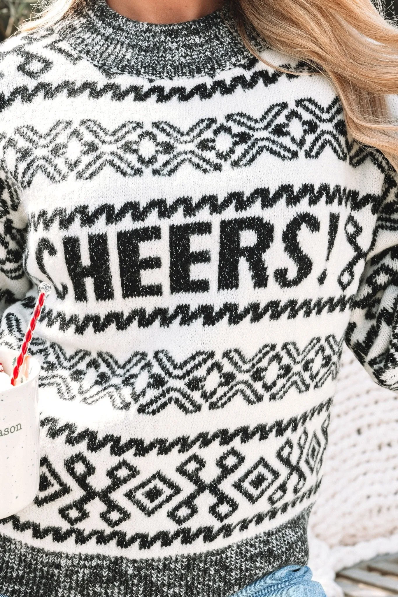 Ivory and Grey Aztec Print Cheers Sweater