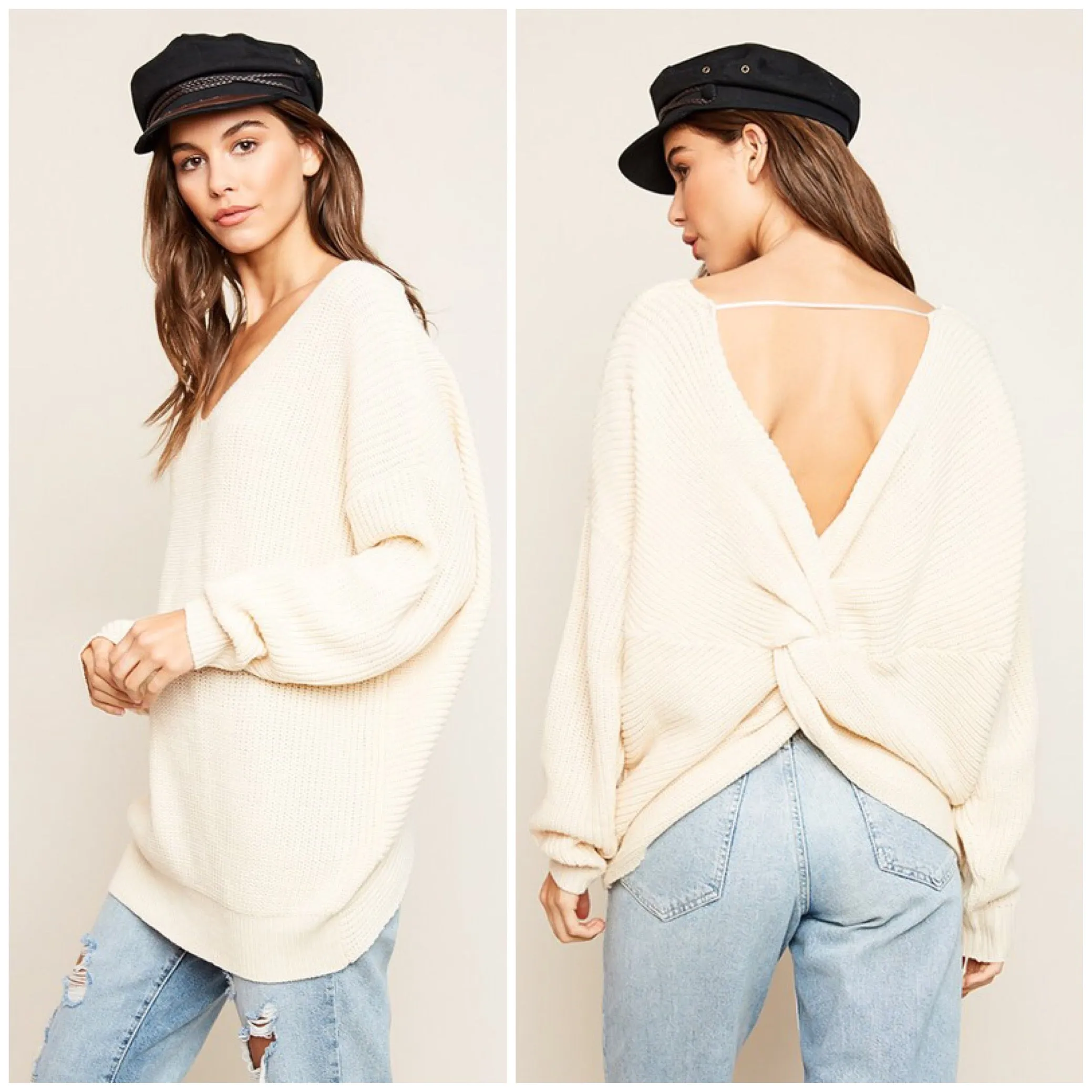 Ivory Twist Cross Back Sweater Oversize V Neck Winter Casual