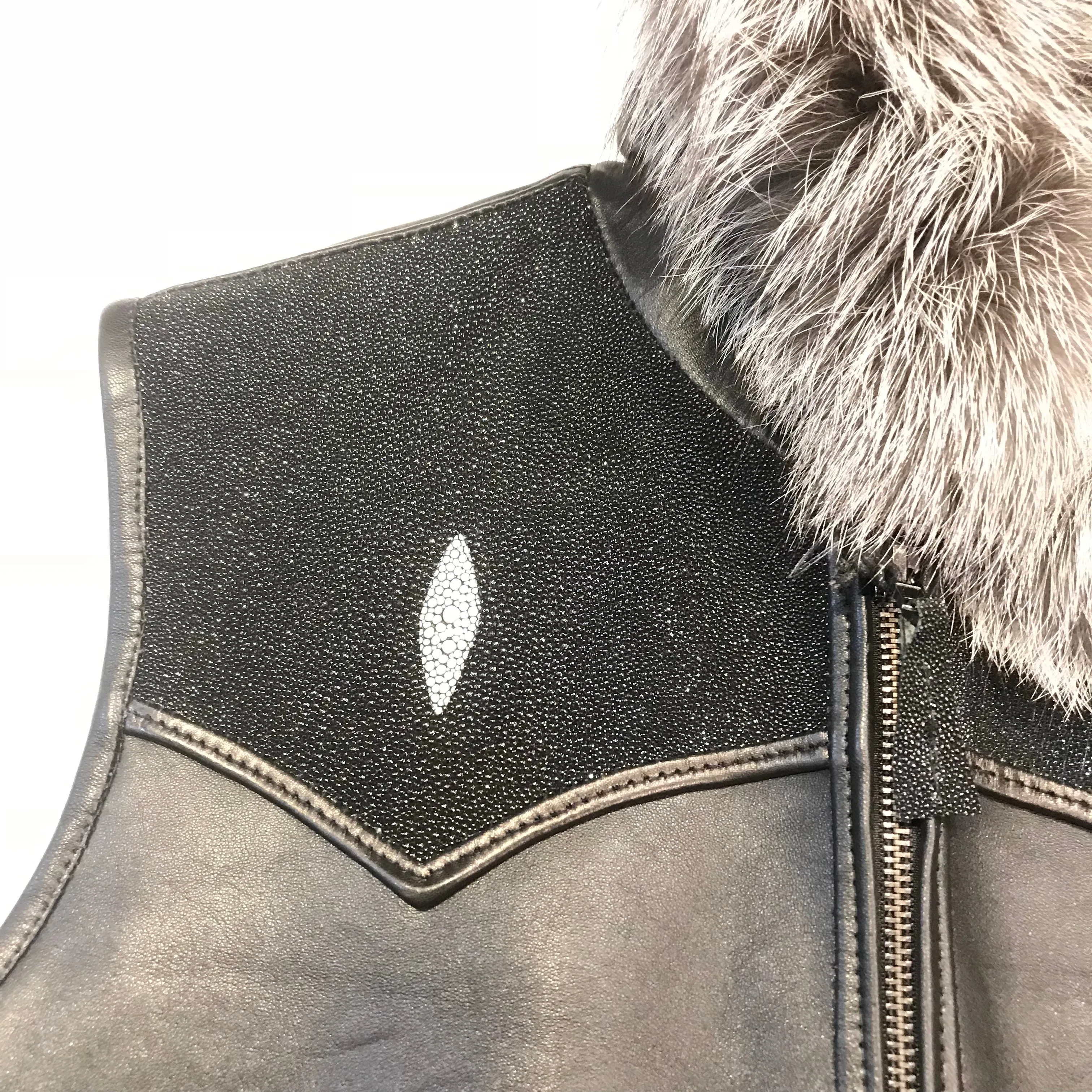 Kashani Black Stingray Silver Fox Hooded Vest