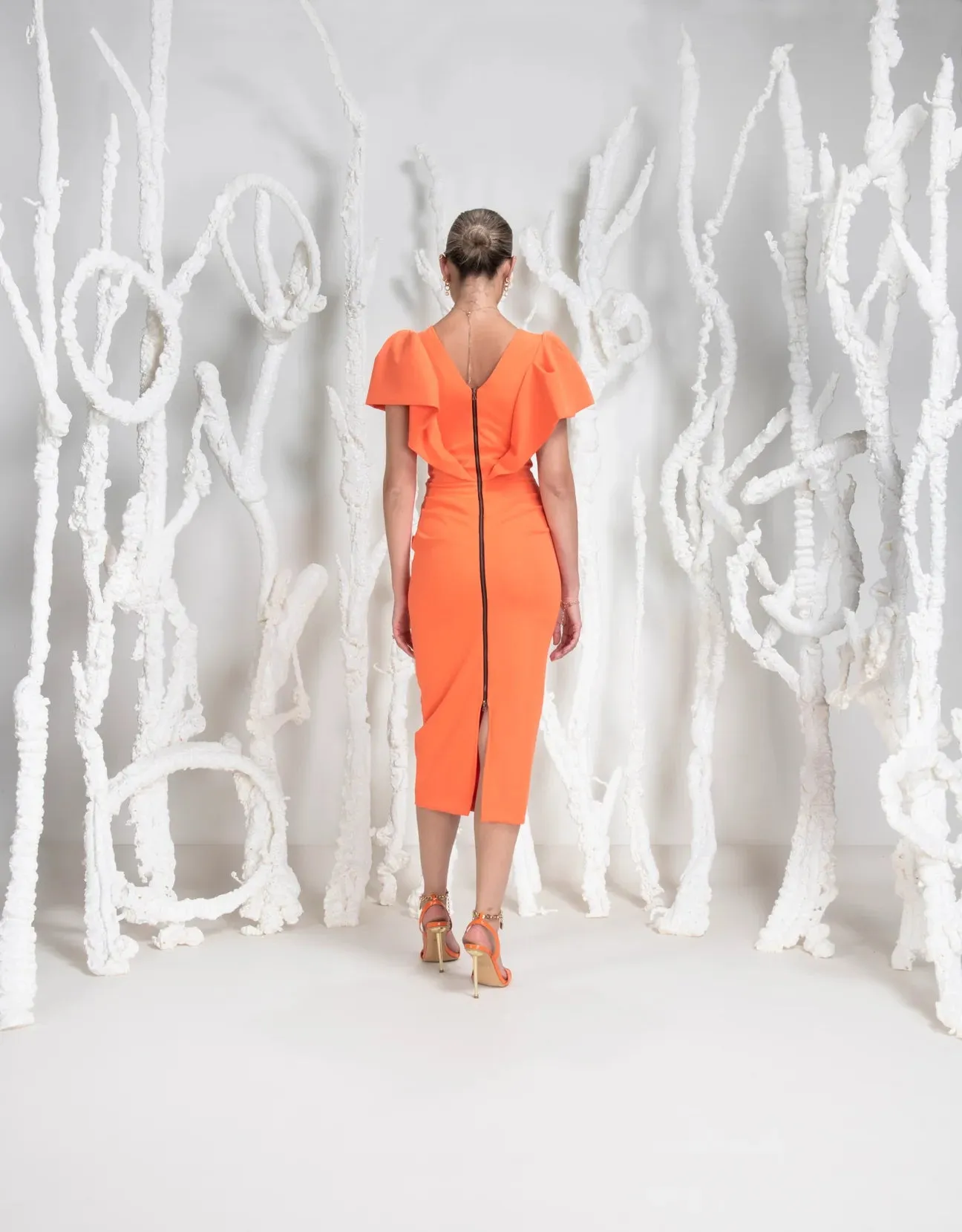 Kevan Jon Karolina frill midi dress orange