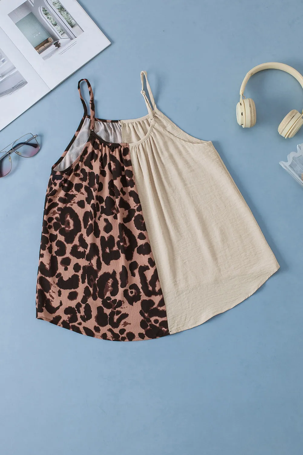 Khaki Leopard Contrast Patchwork Spaghetti Strap Tank Top