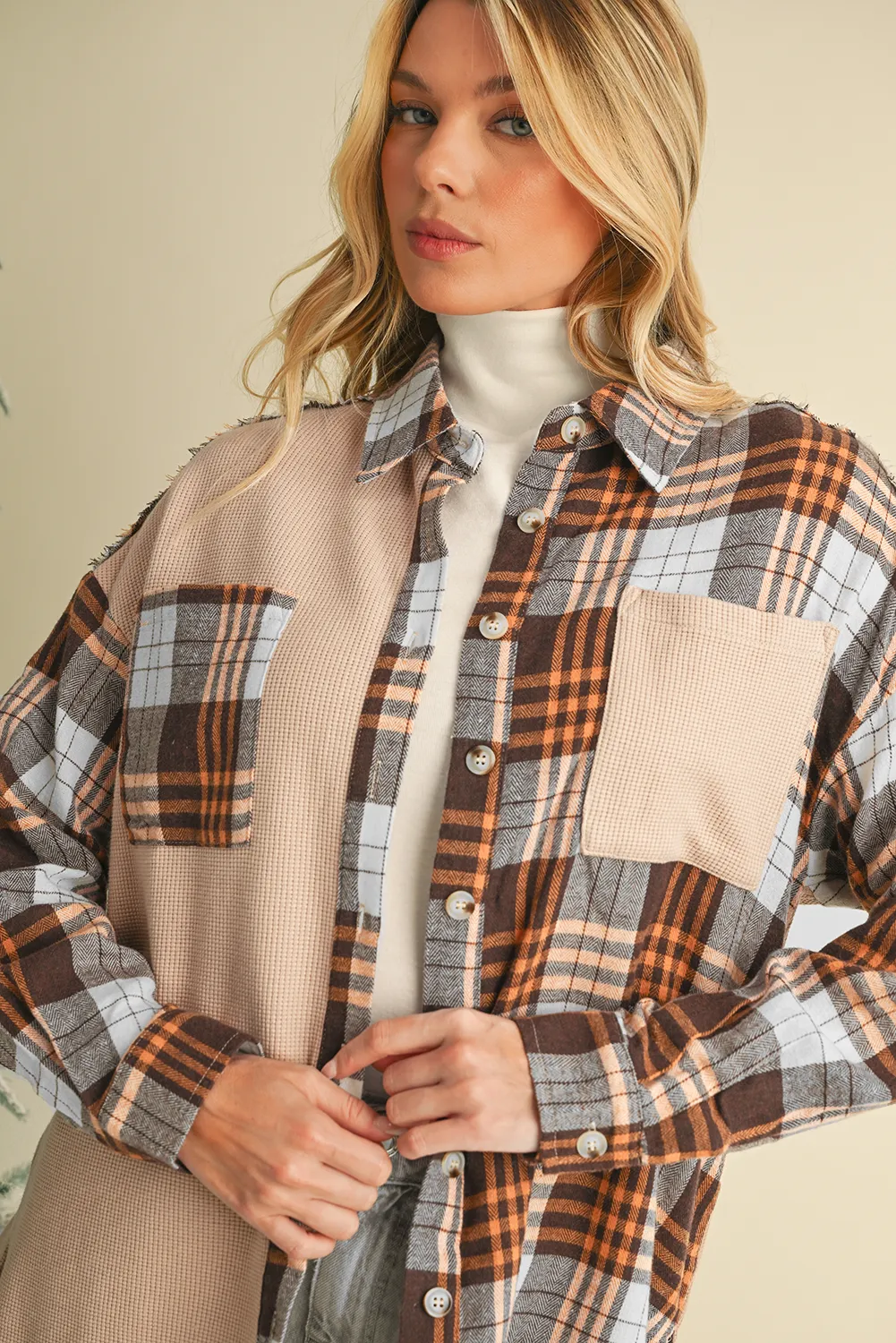 Khaki Plaid Knit Patchwork Chest Pocket Shacket