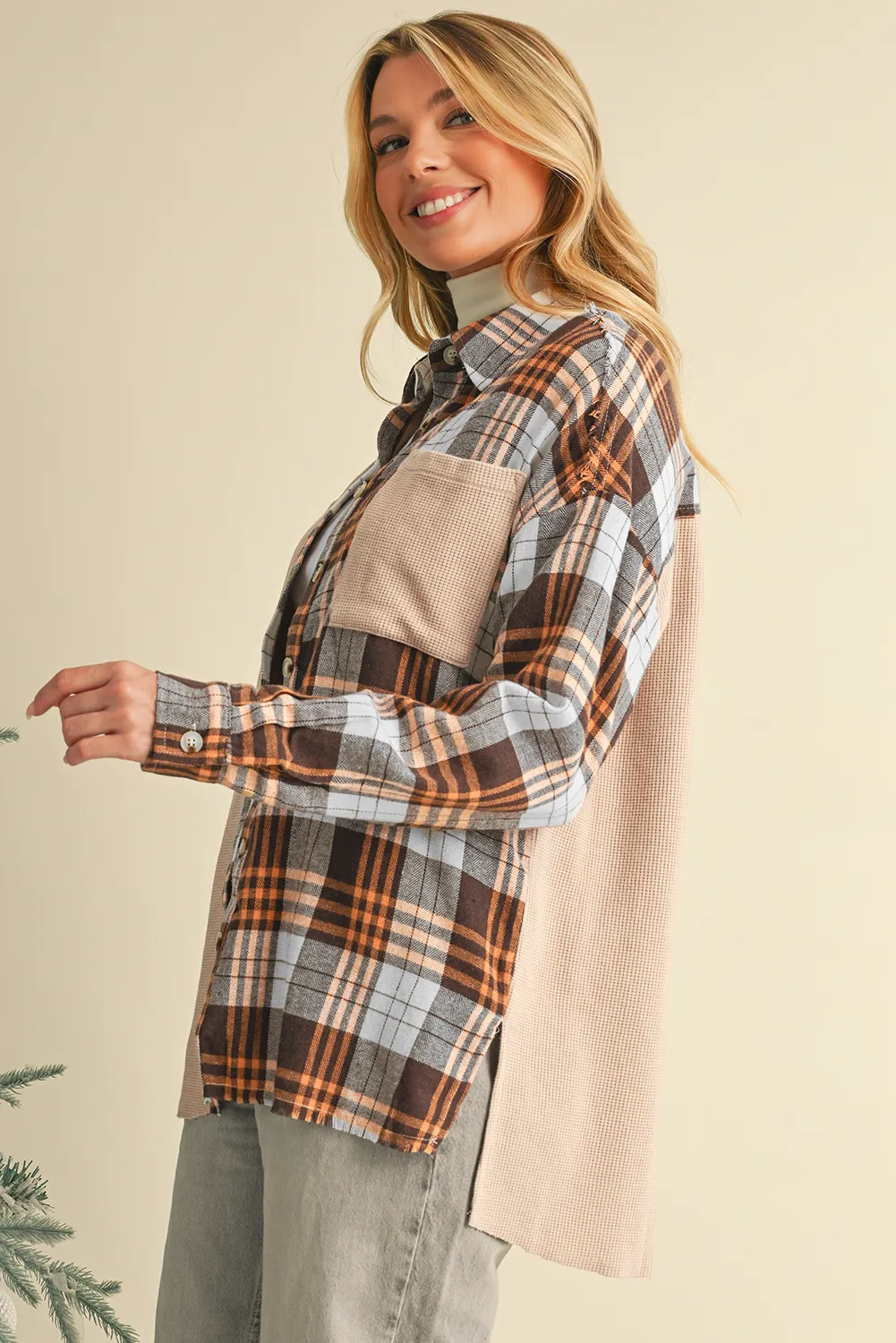 Khaki Plaid Knit Patchwork Chest Pocket Shacket