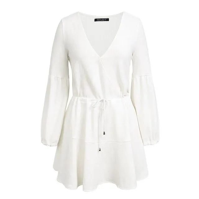 Lantern Sleeve Knitted Sweater Sexy V-neck Autumn Winter Loose White Dress