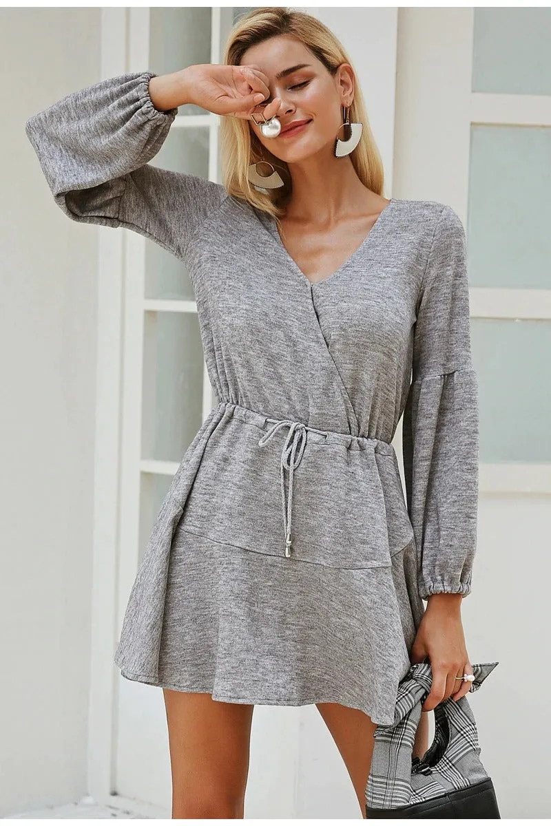 Lantern Sleeve Knitted Sweater Sexy V-neck Autumn Winter Loose White Dress