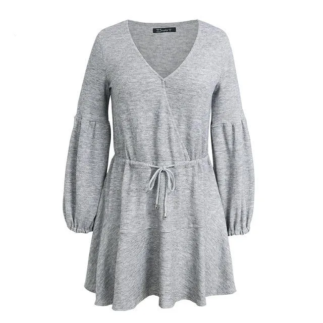 Lantern Sleeve Knitted Sweater Sexy V-neck Autumn Winter Loose White Dress