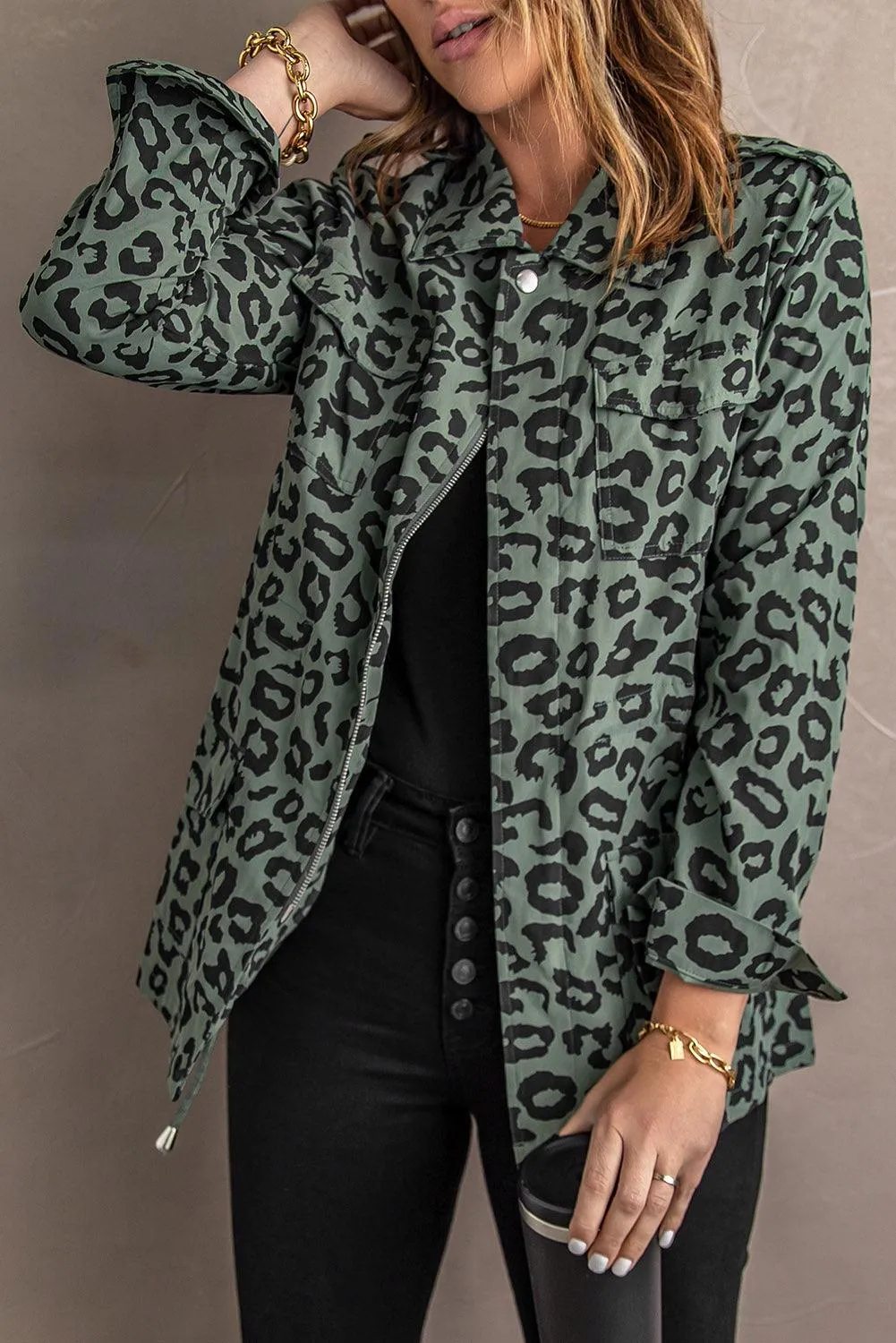 Lapel Collar Zipper Drawstring Leopard Coat