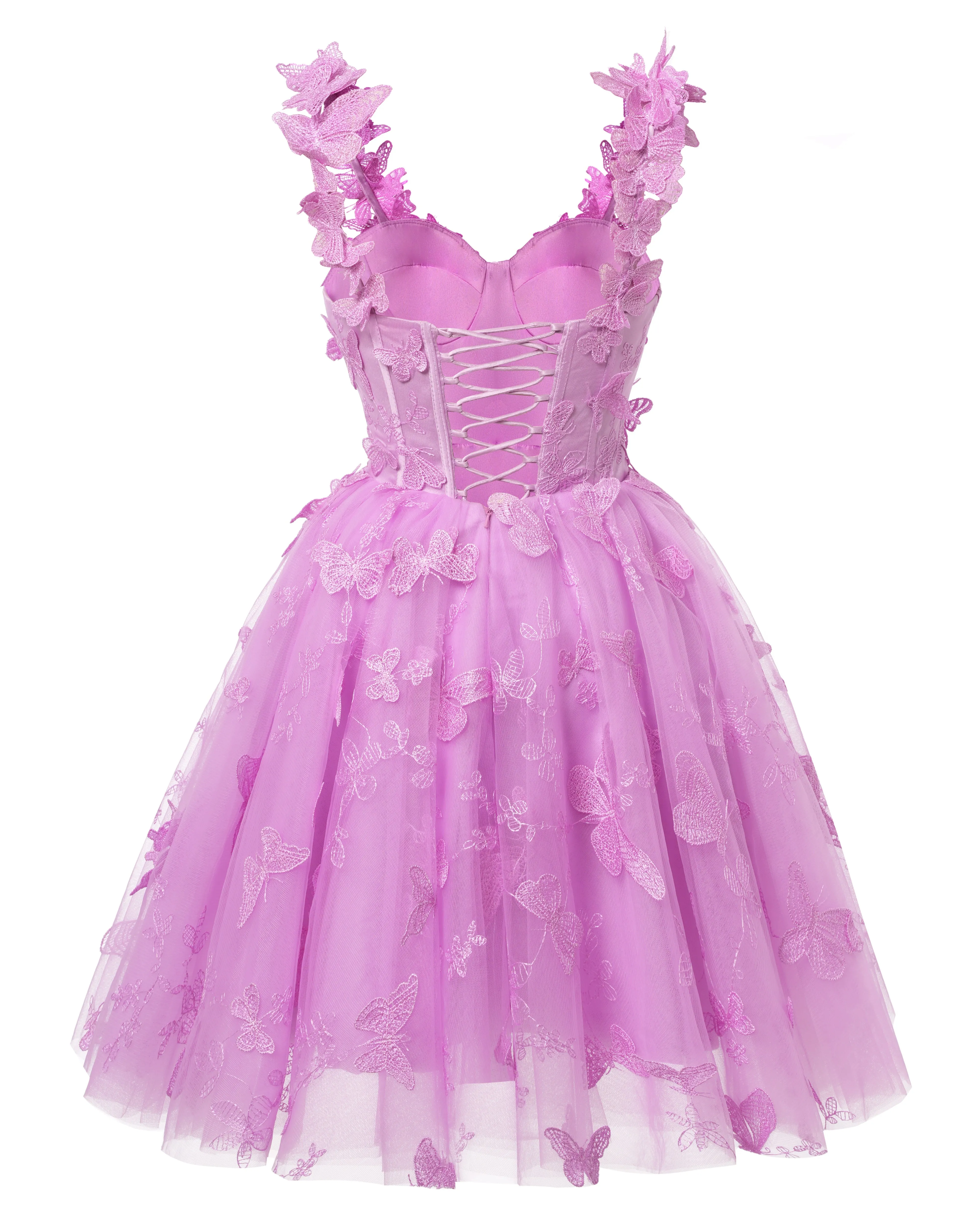 Lavender 3D Butterfly Lace Applique Tulle Homecoming Dress for Teens Sweetheart Mini Short Prom Dresses