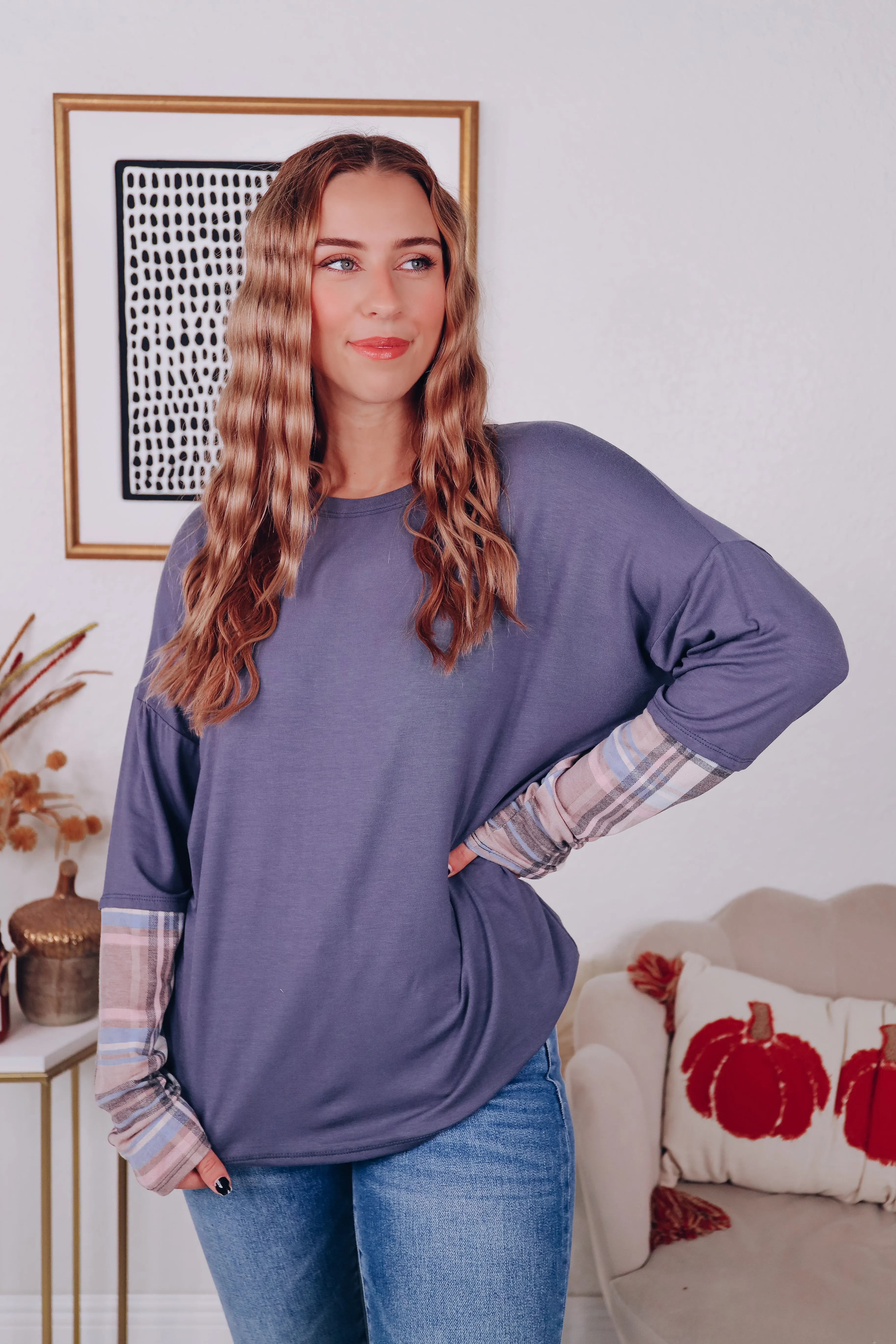 Layered Look Long Sleeve Tee - Blue