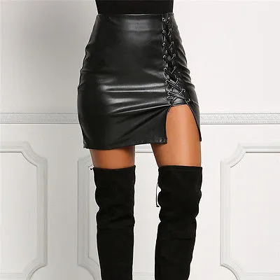 Leather Pencil High Waist Lace Up Skirt