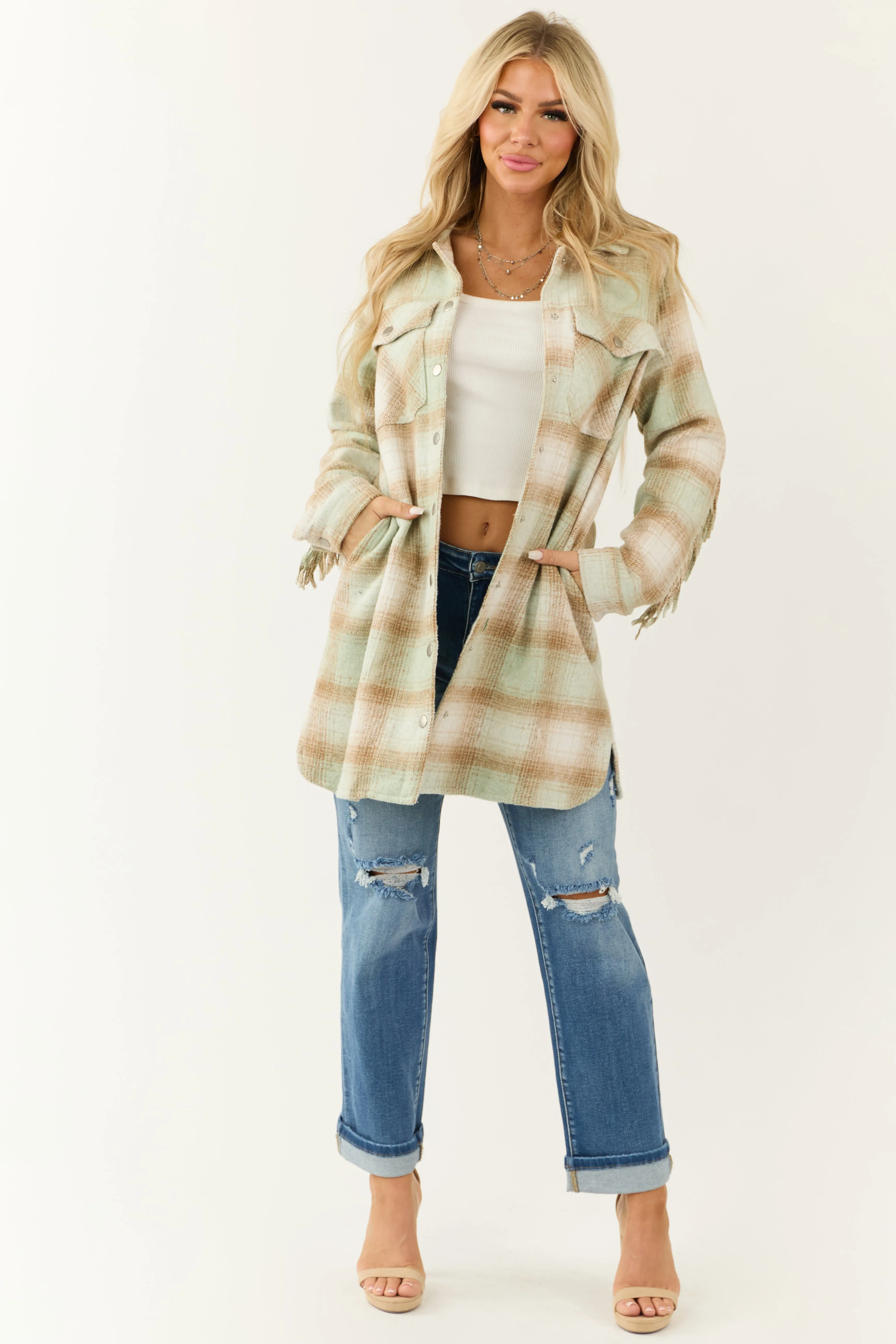 Light Peanut and Coconut Fringe Plaid Shacket