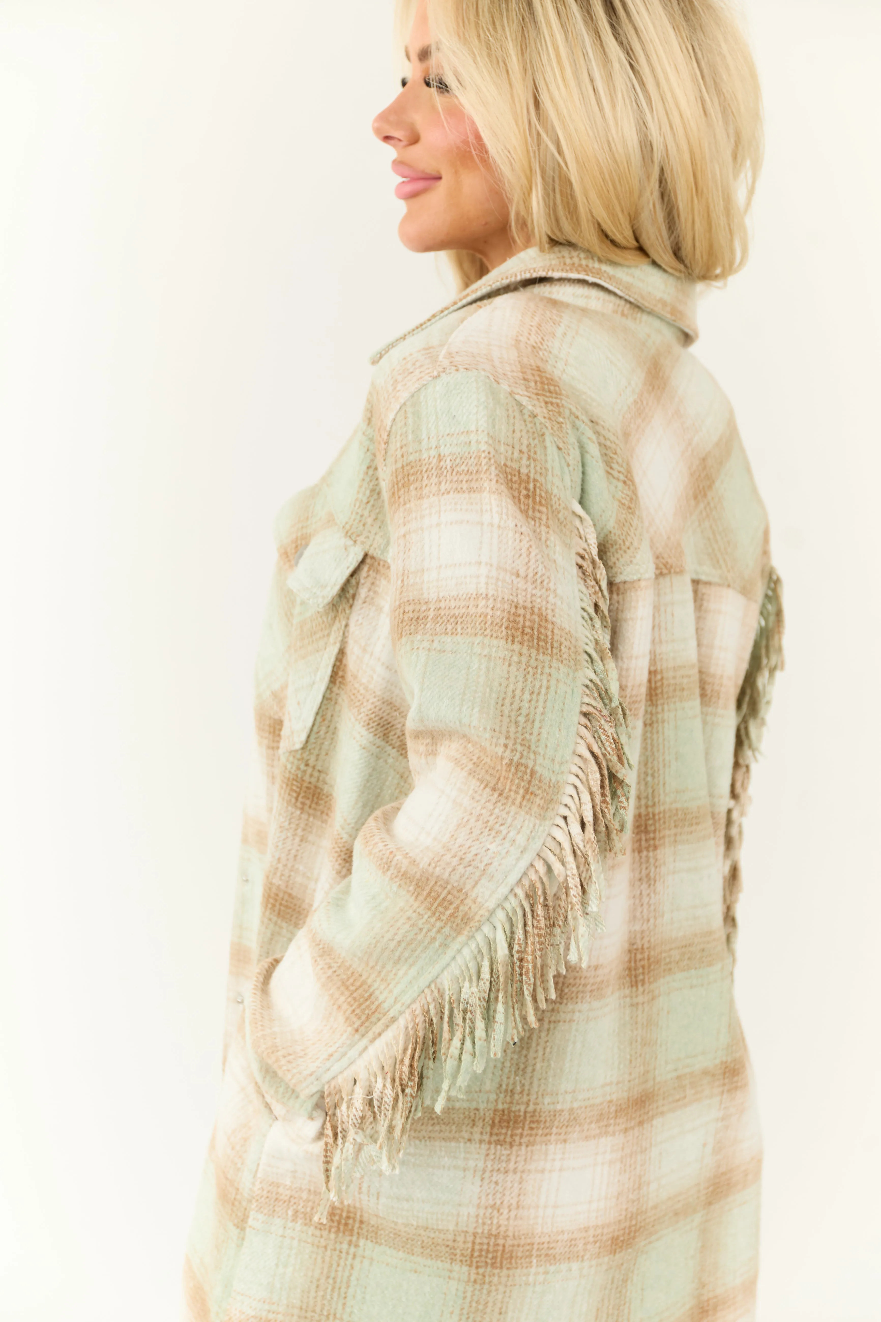 Light Peanut and Coconut Fringe Plaid Shacket