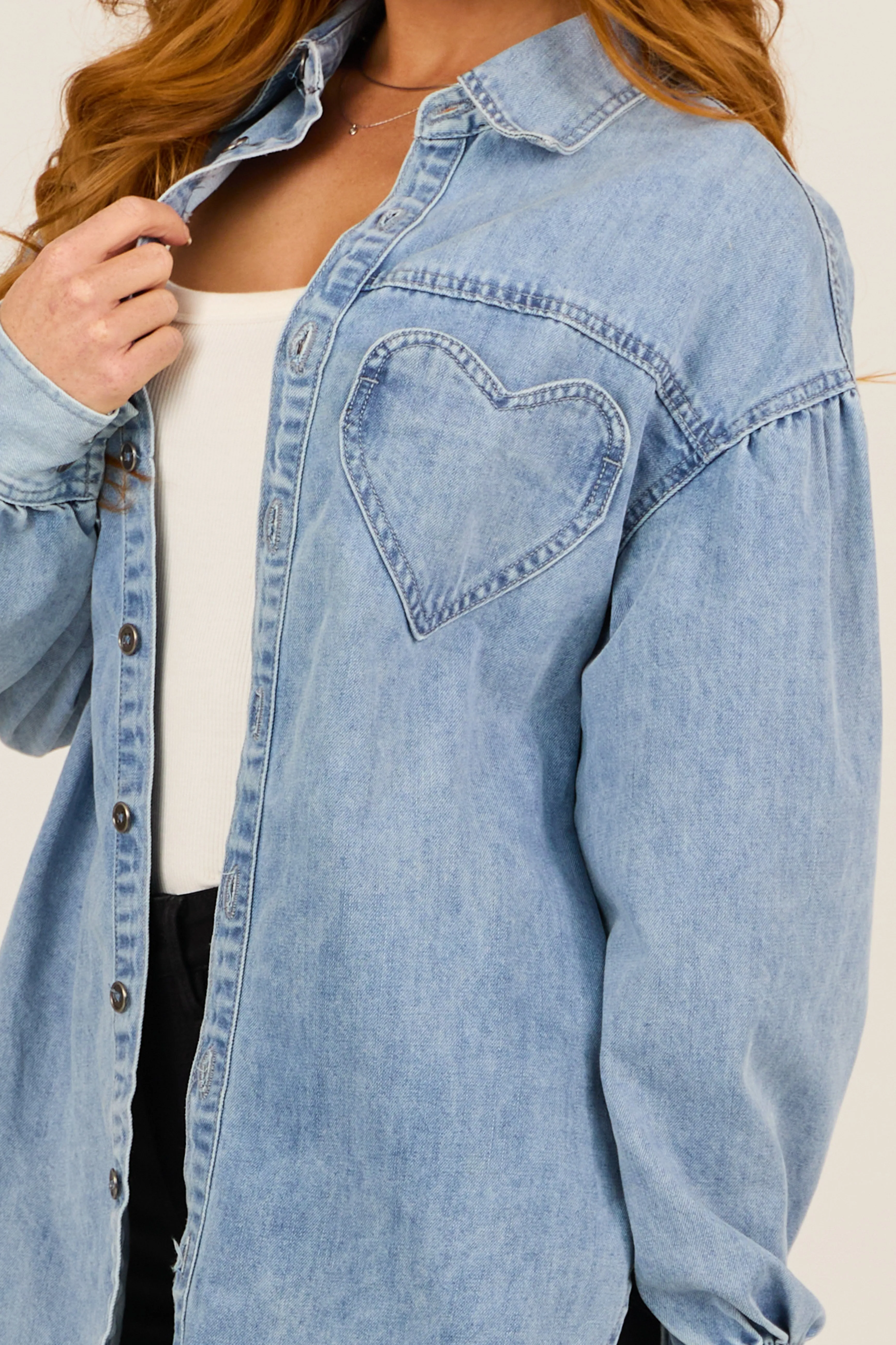 Light Wash Heart Pocket Oversized Denim Shacket