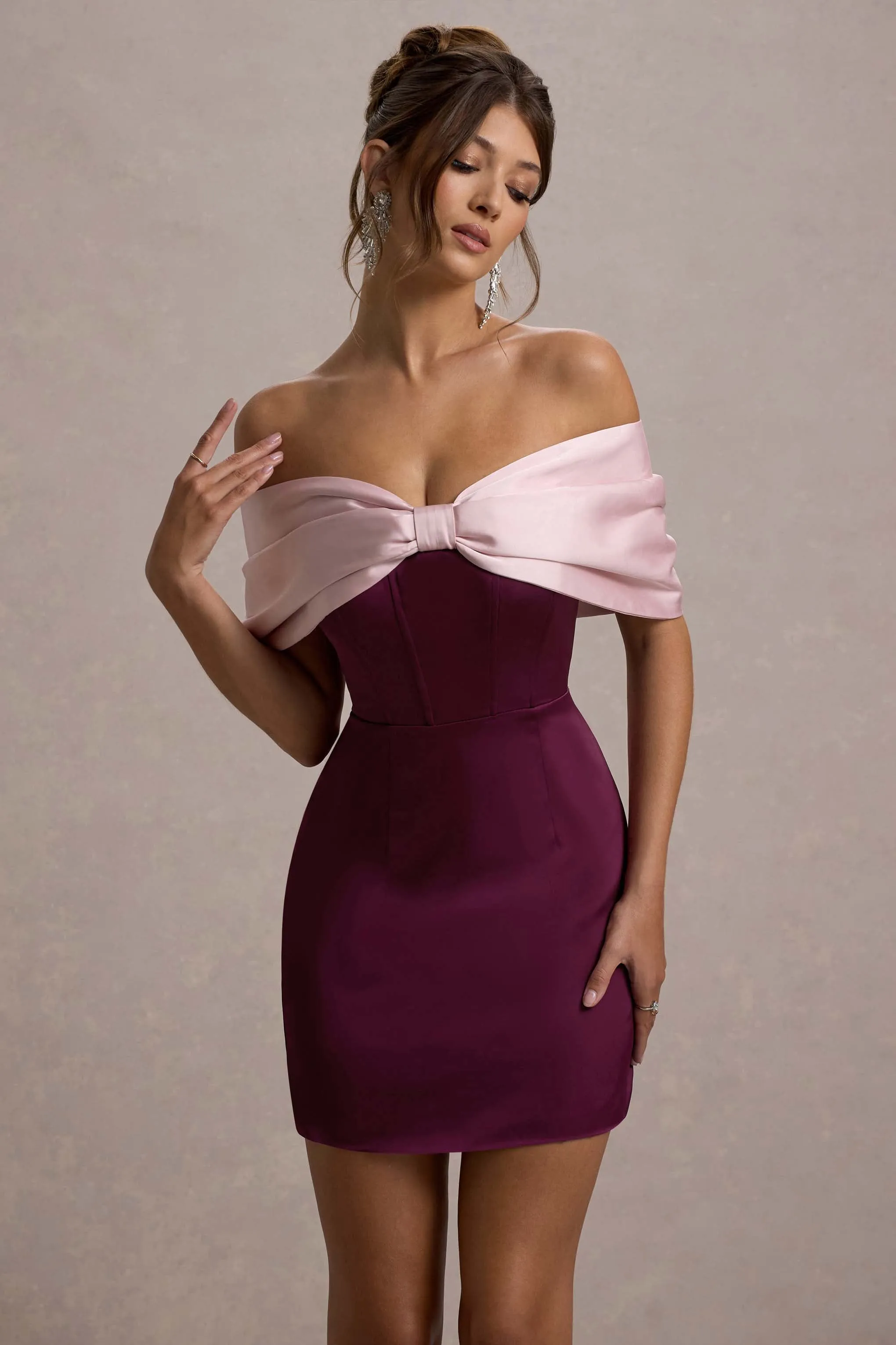 Linley | Burgundy & Pink Satin Bow Bardot Mini Dress