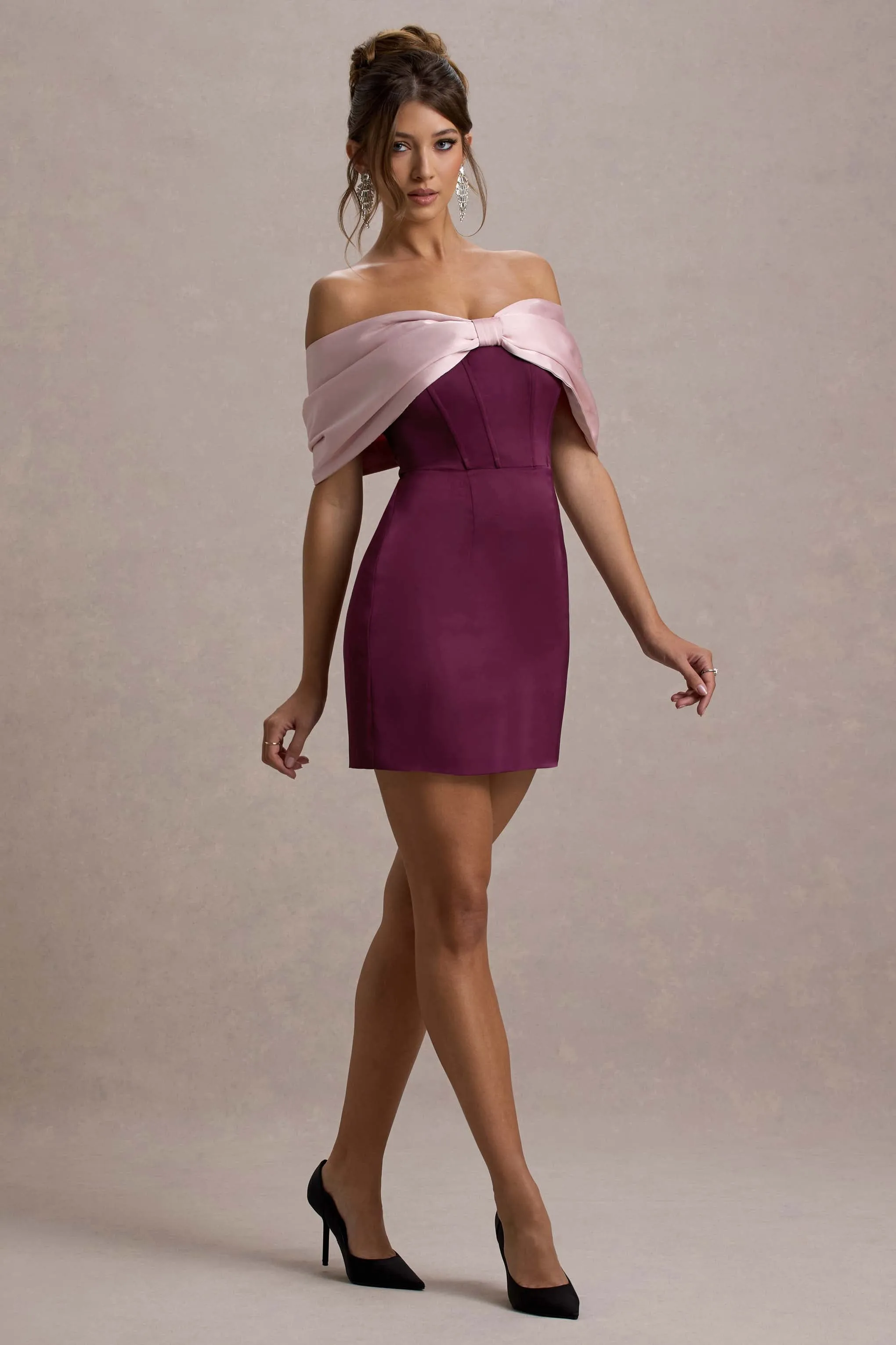 Linley | Burgundy & Pink Satin Bow Bardot Mini Dress