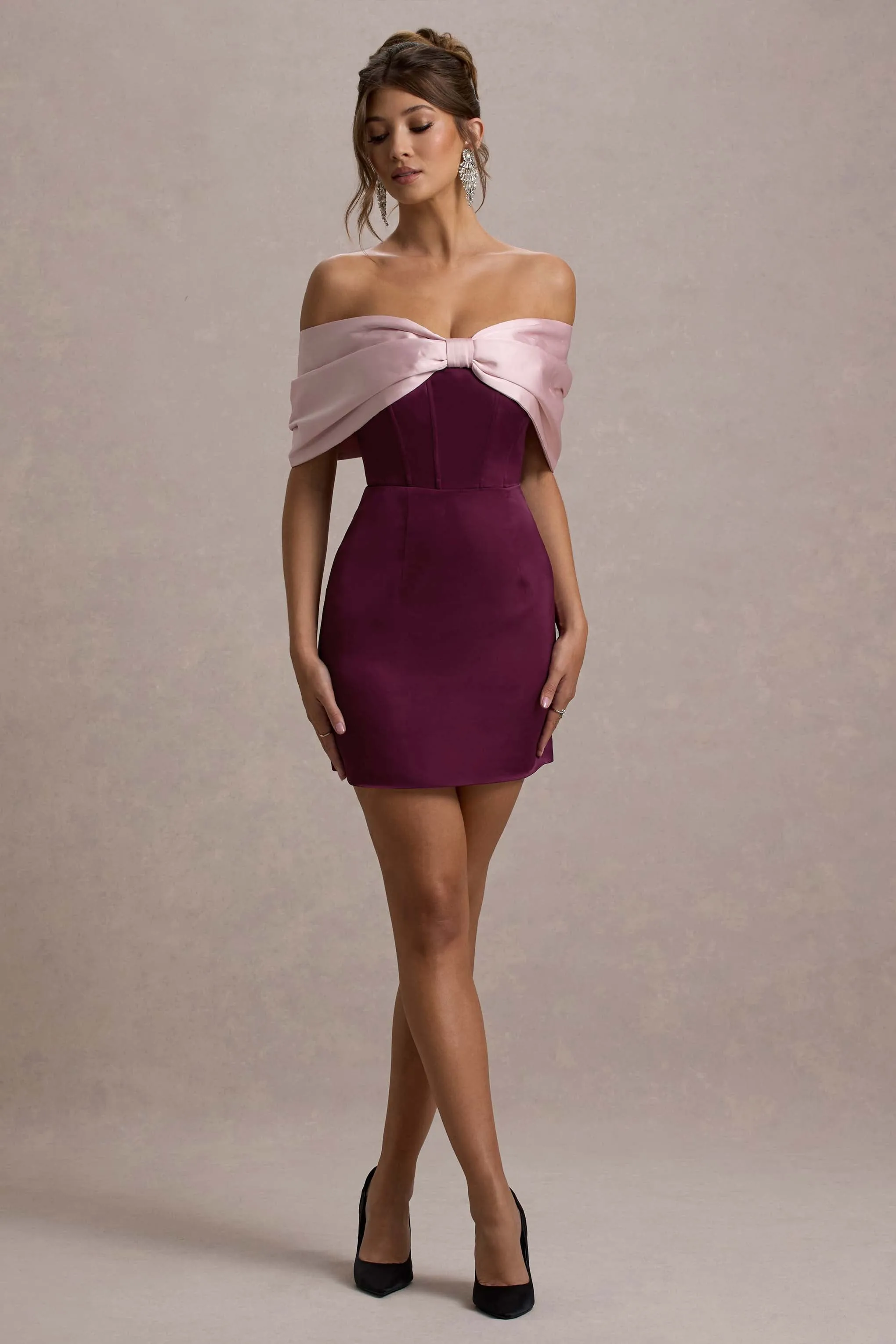 Linley | Burgundy & Pink Satin Bow Bardot Mini Dress