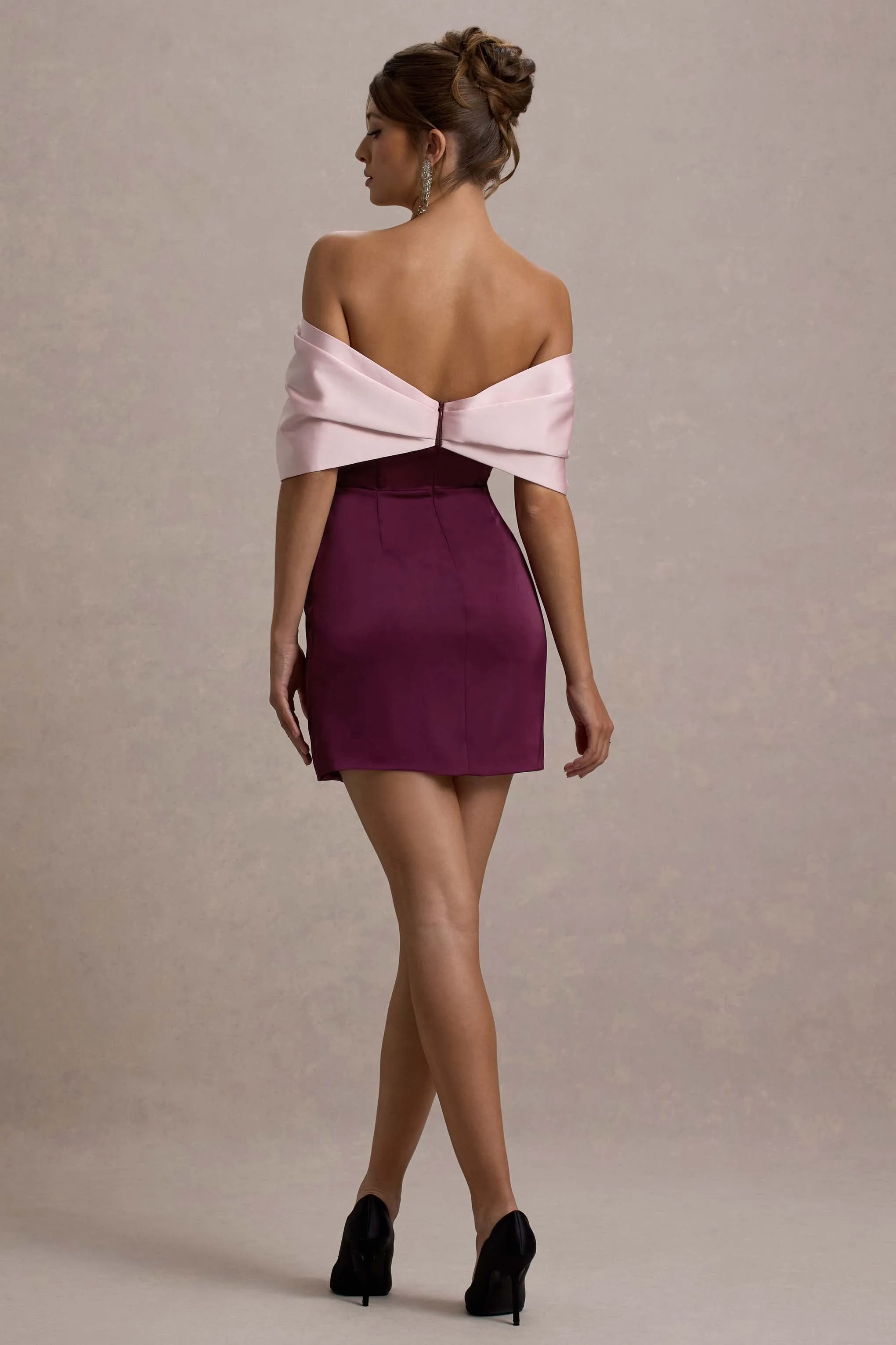 Linley | Burgundy & Pink Satin Bow Bardot Mini Dress