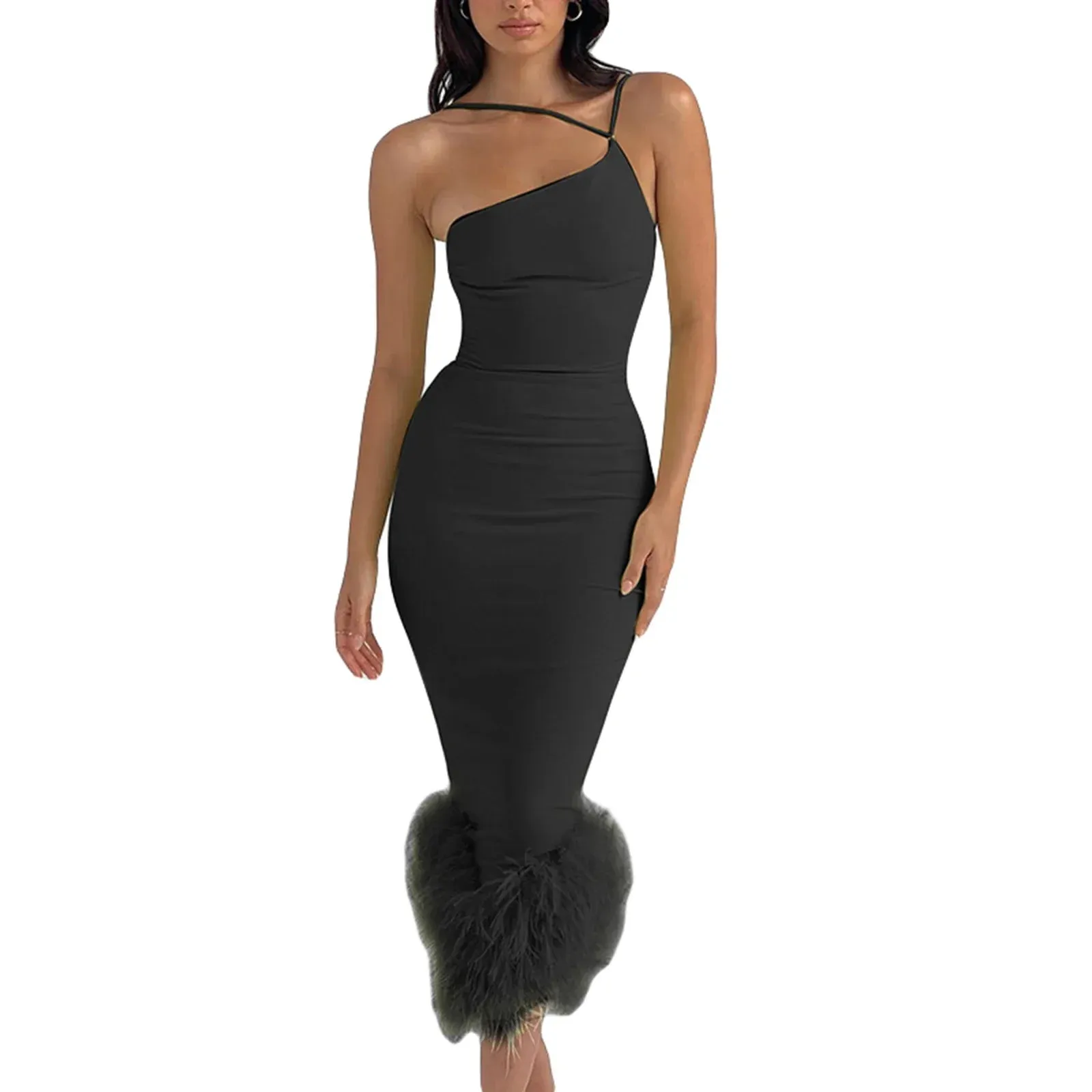 Long Backless Irregular Feather Patchwork Slim Fit Solid Bodycon Party Cocktail Casual Sleeveless Dress