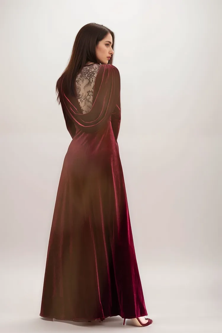 Long sleeves boat neck lace illusion back A-line Velvet Dress