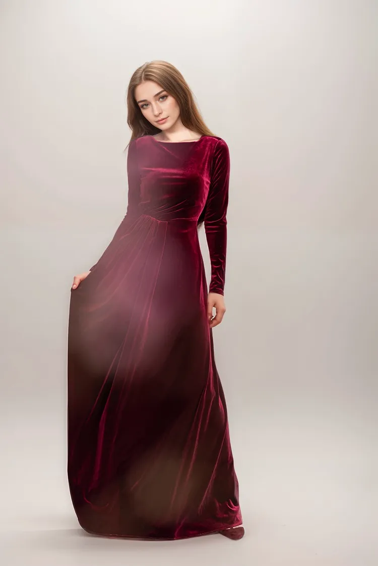 Long sleeves boat neck lace illusion back A-line Velvet Dress