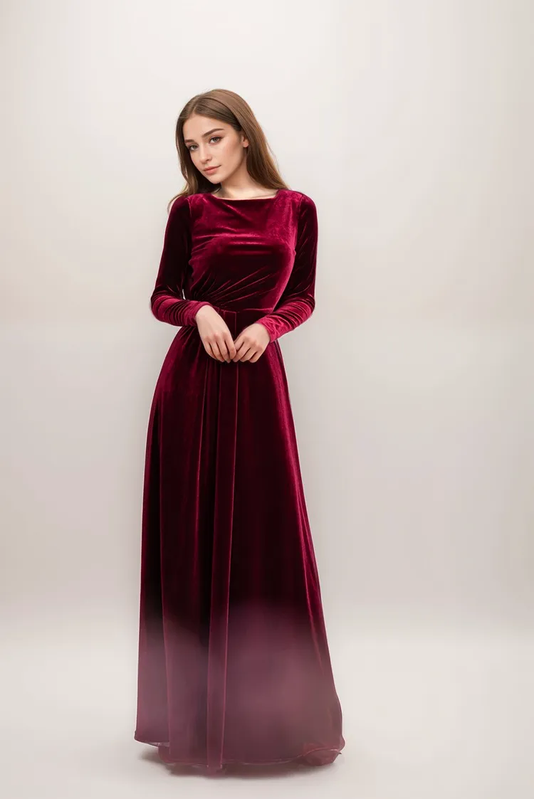 Long sleeves boat neck lace illusion back A-line Velvet Dress