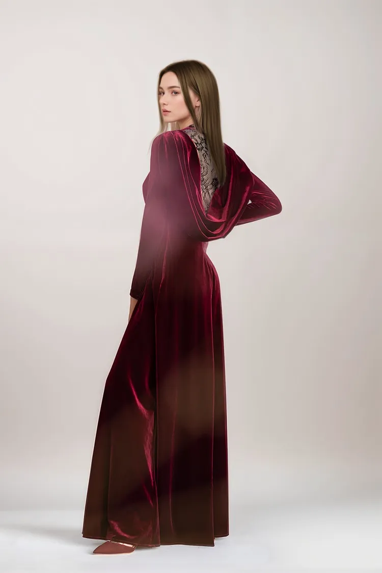 Long sleeves boat neck lace illusion back A-line Velvet Dress