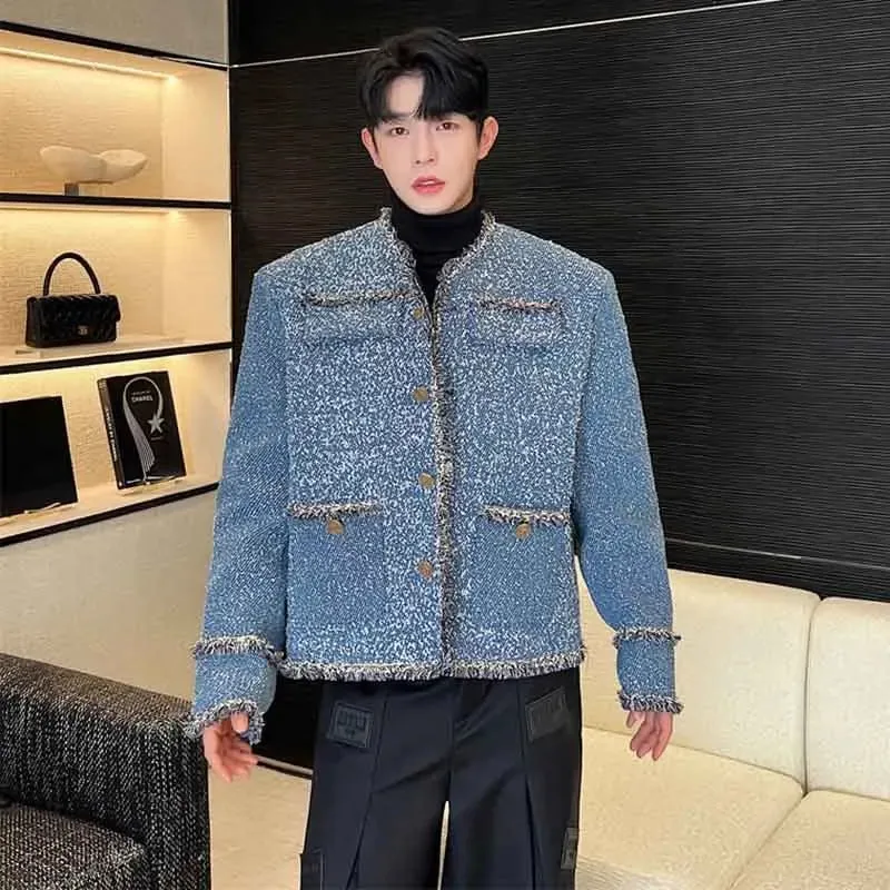 Male Denim Silhouette Wide Shaped Jacket Handsome Men's Clothing Korean Style Luxury Casual Loose Spliced Outerwear 9C3002