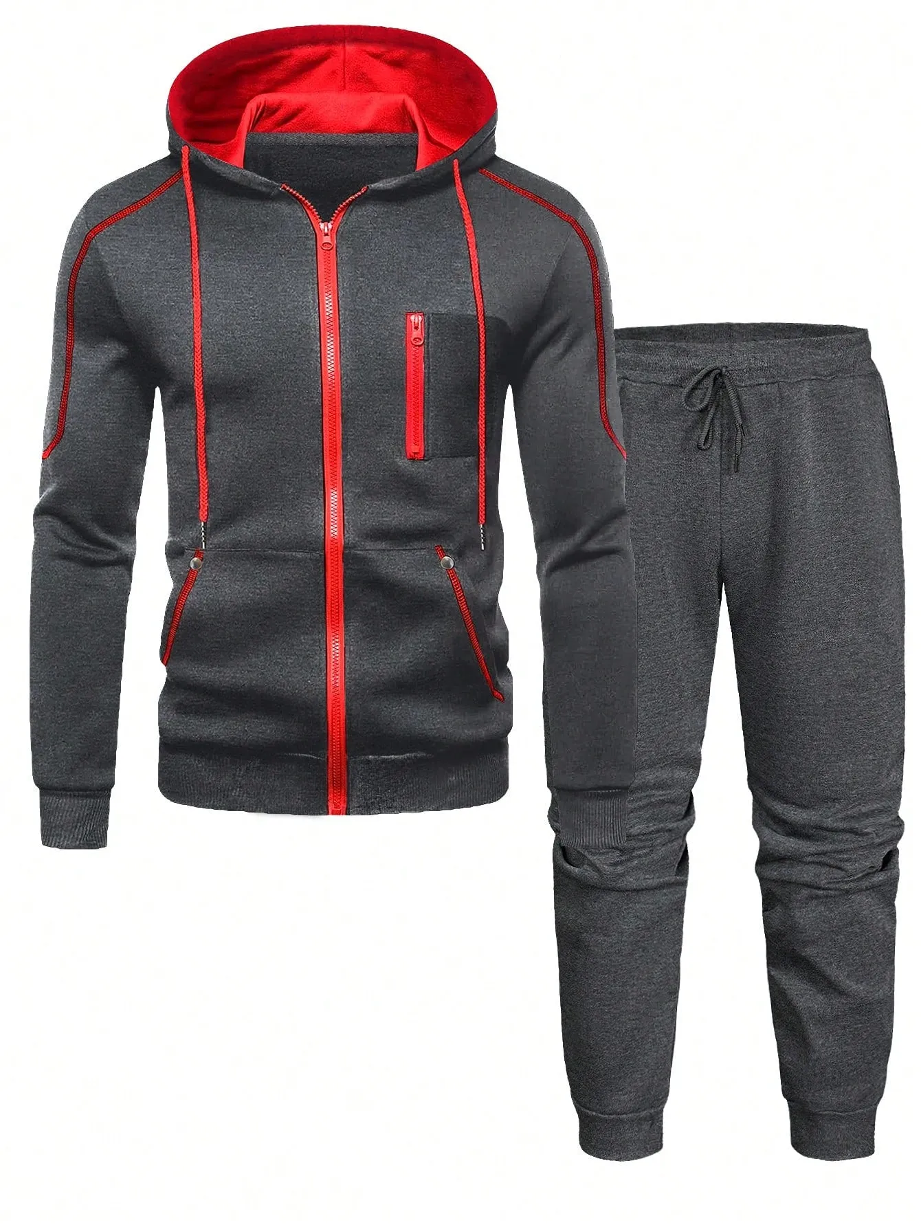 Manfinity Men Contrast Piping Drawstring Hoodie & Sweatpants