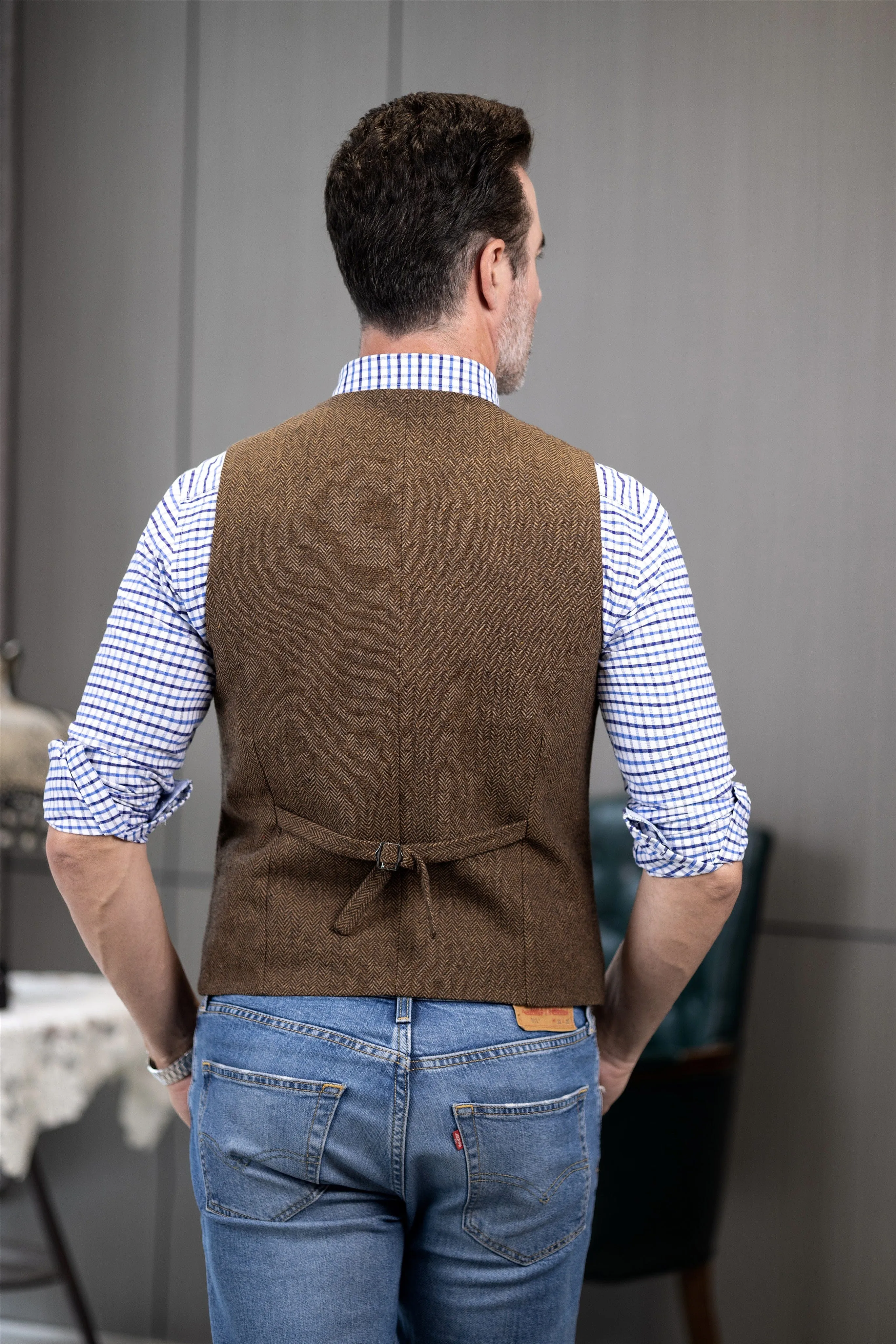 Men's Casual Vest Tweed Herringbone  Notch Lapel Waistcoat