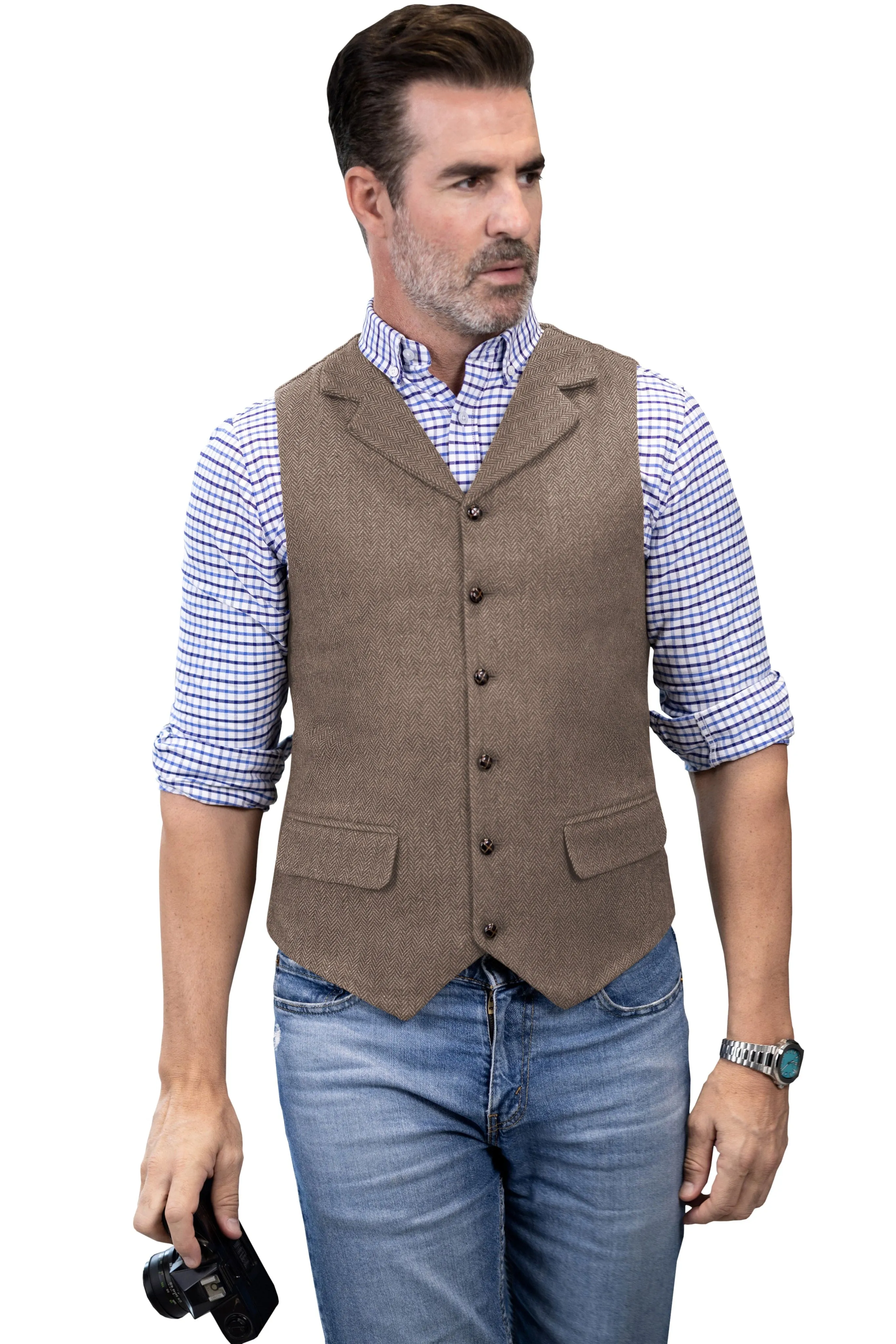 Men's Casual Vest Tweed Herringbone  Notch Lapel Waistcoat