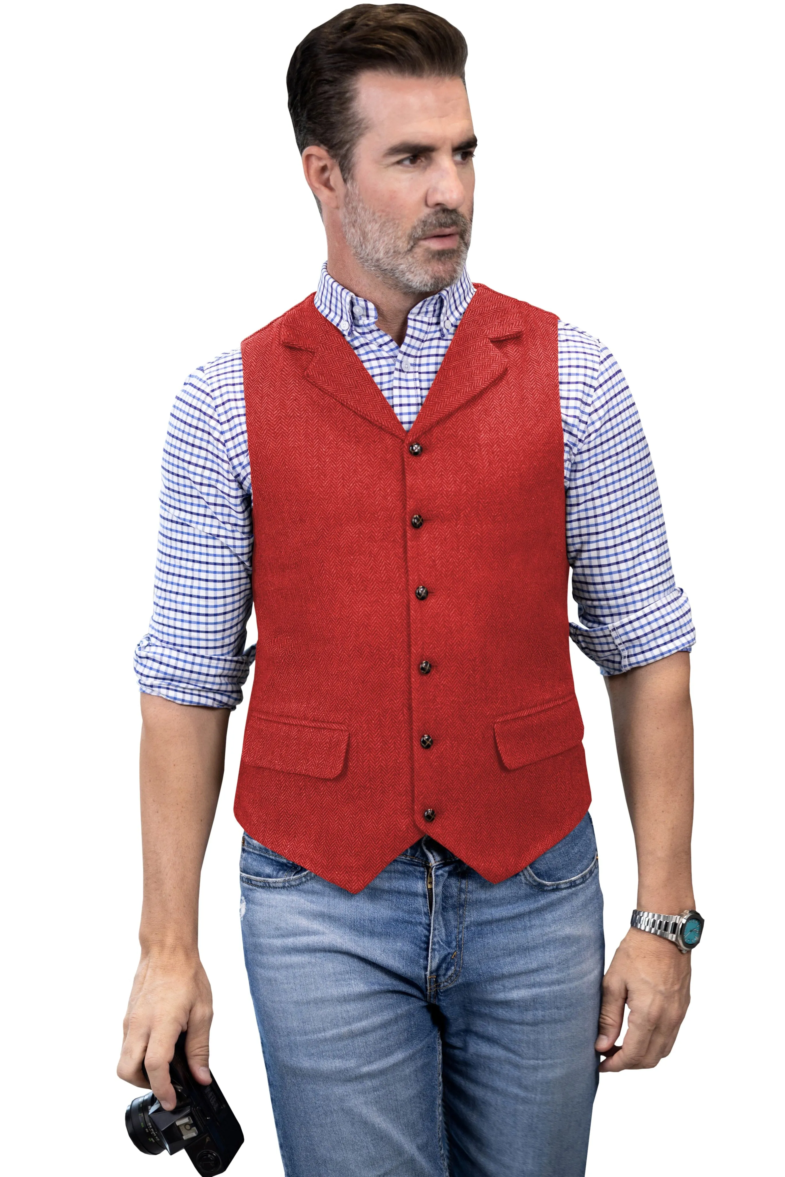 Men's Casual Vest Tweed Herringbone  Notch Lapel Waistcoat