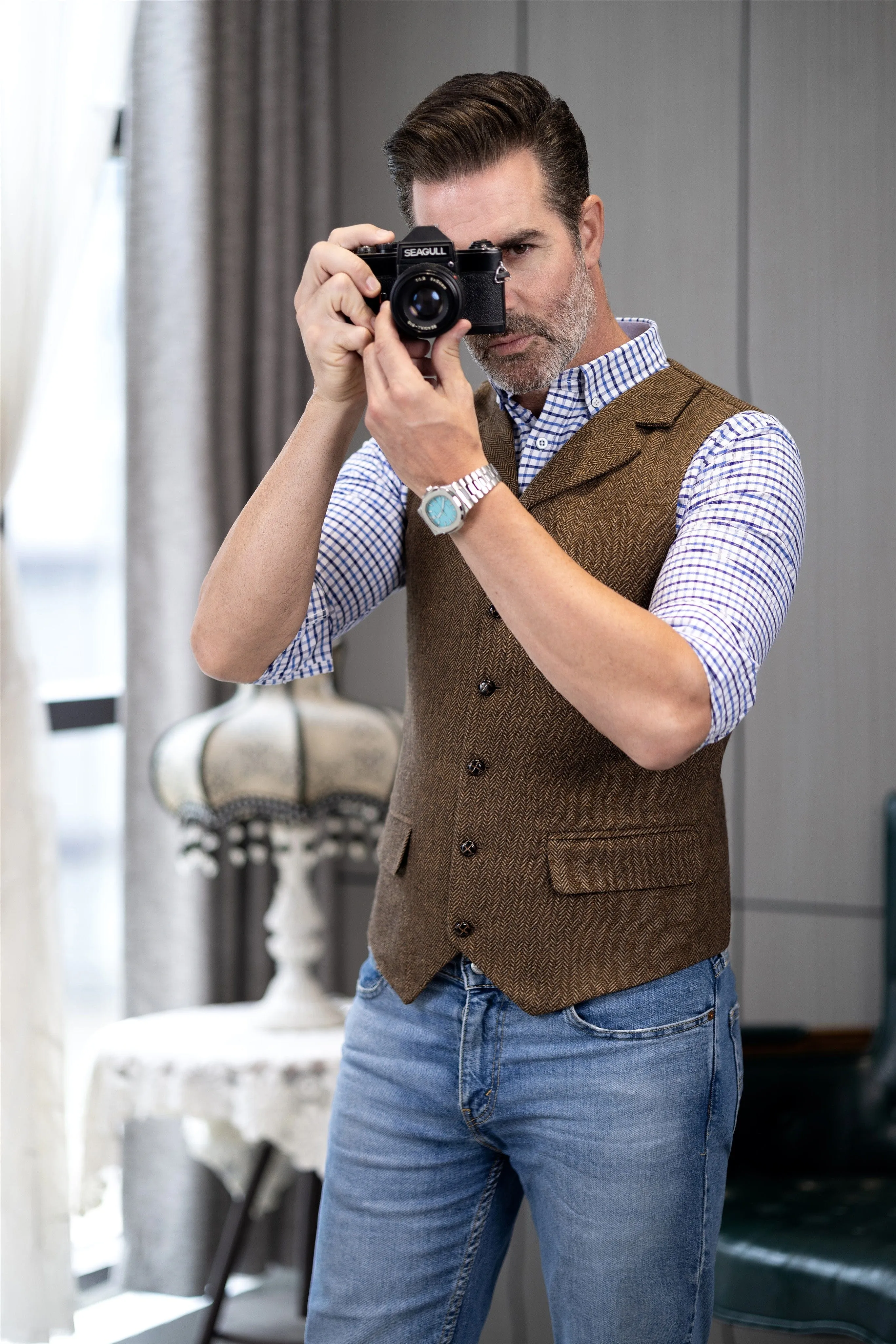 Men's Casual Vest Tweed Herringbone  Notch Lapel Waistcoat