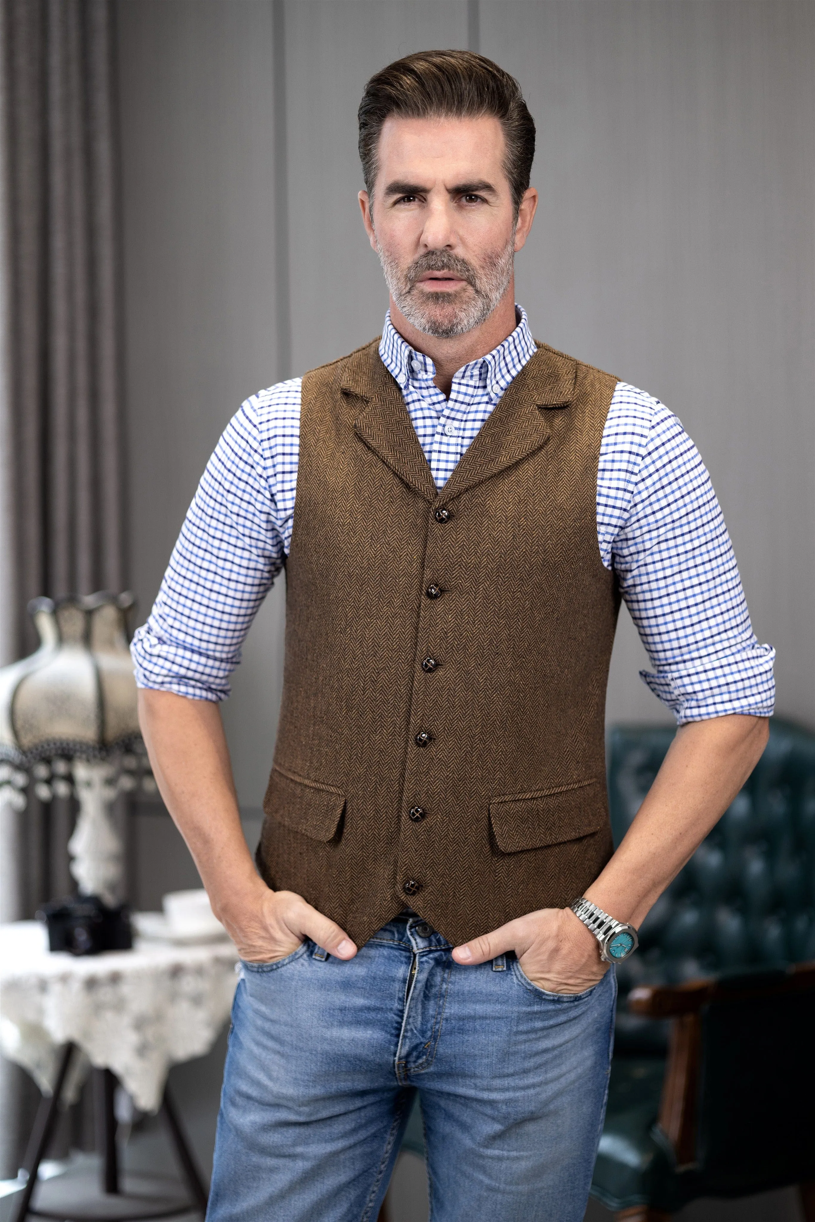 Men's Casual Vest Tweed Herringbone  Notch Lapel Waistcoat