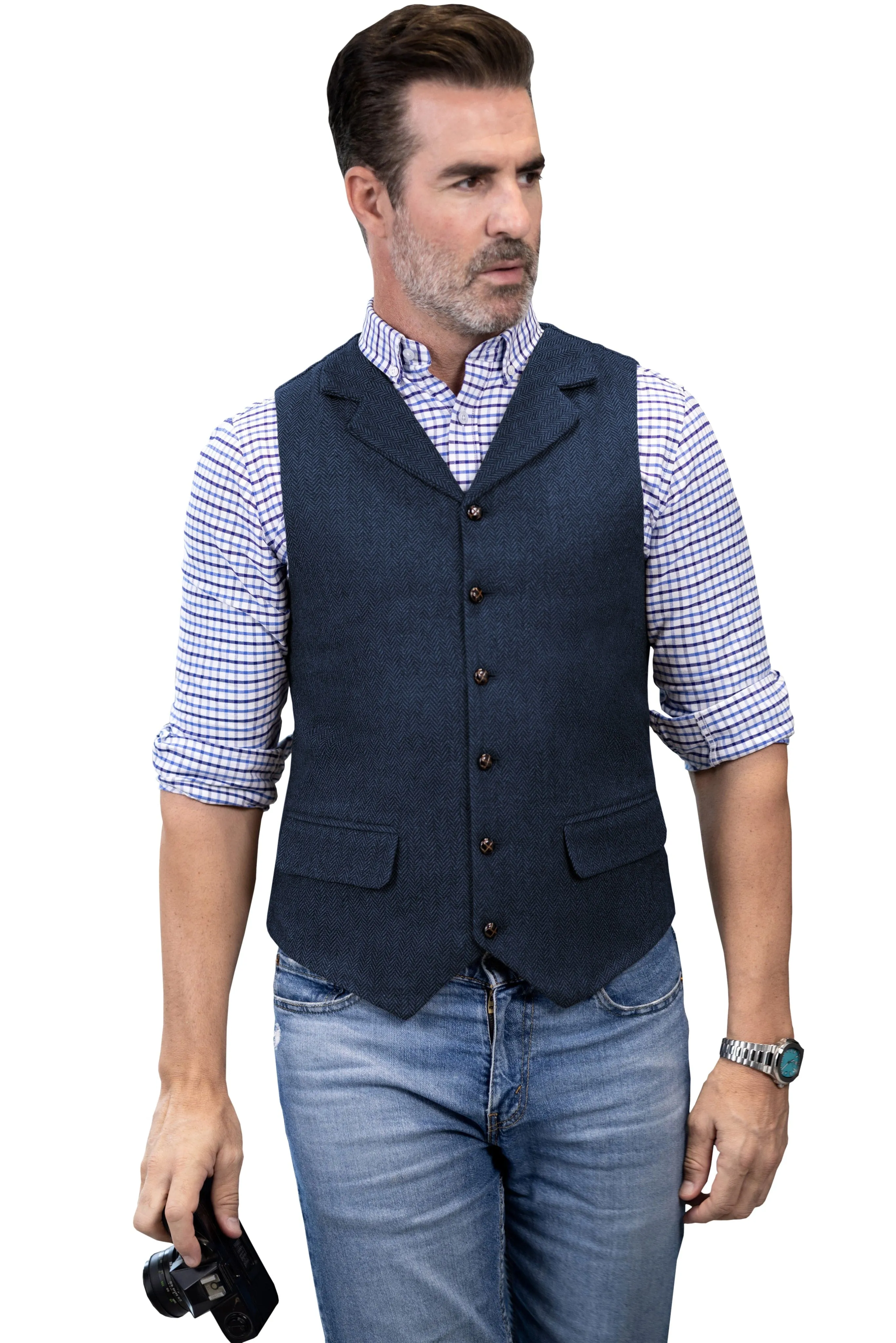 Men's Casual Vest Tweed Herringbone  Notch Lapel Waistcoat