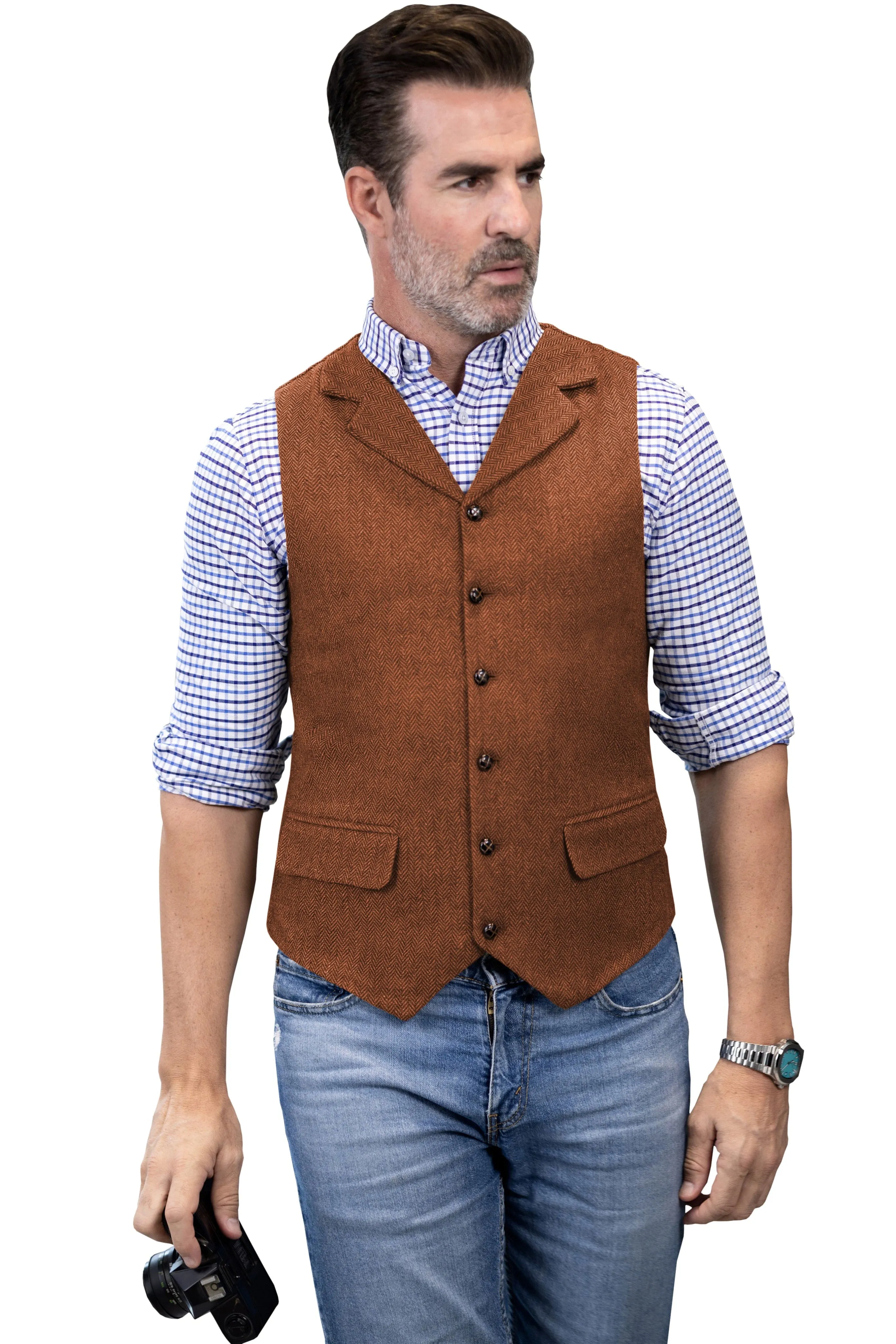 Men's Casual Vest Tweed Herringbone  Notch Lapel Waistcoat