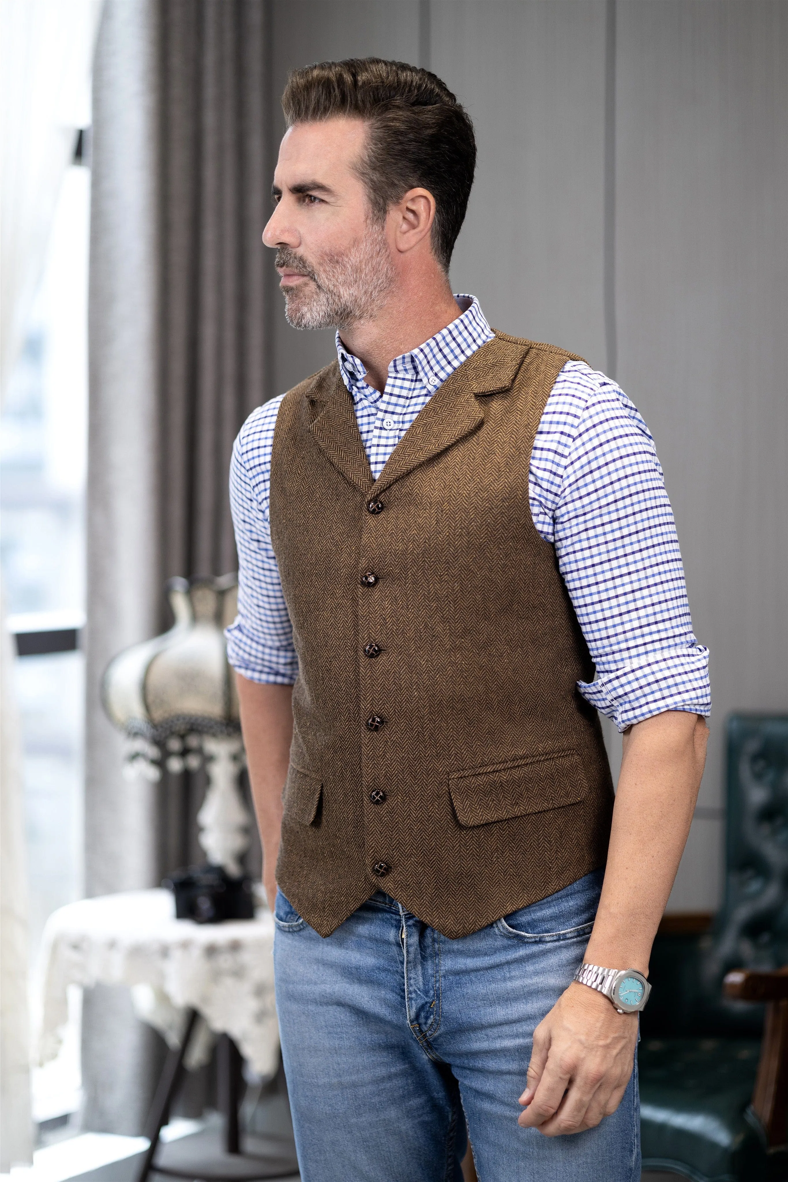 Men's Casual Vest Tweed Herringbone  Notch Lapel Waistcoat