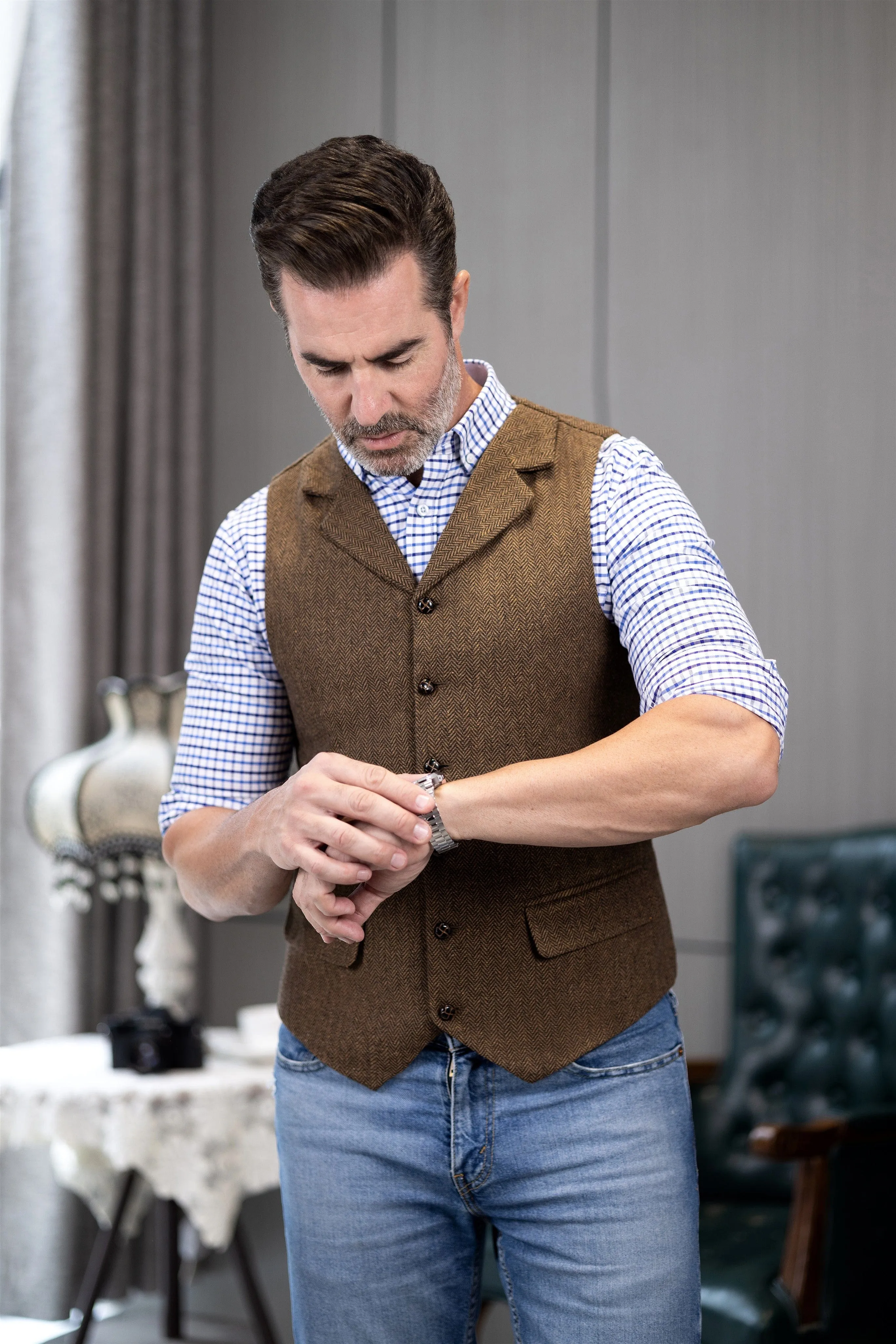 Men's Casual Vest Tweed Herringbone  Notch Lapel Waistcoat